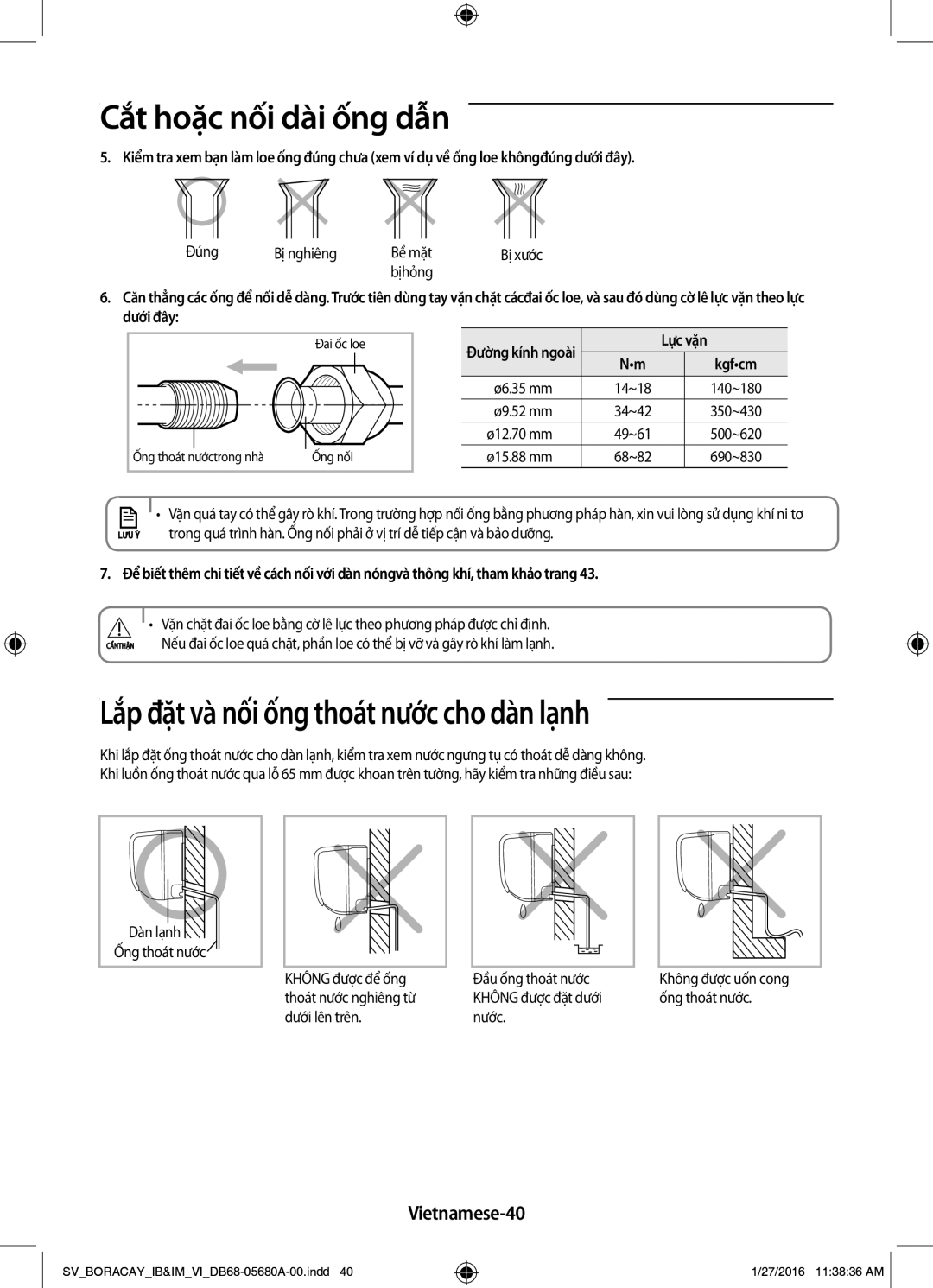 Samsung AR24KCFHDWKNSV, AR09KCFHDWKNSV, AR12KCFHDWKNSV manual Lắp đặt và nối ống thoát nước cho dàn lạnh, Vietnamese-40 