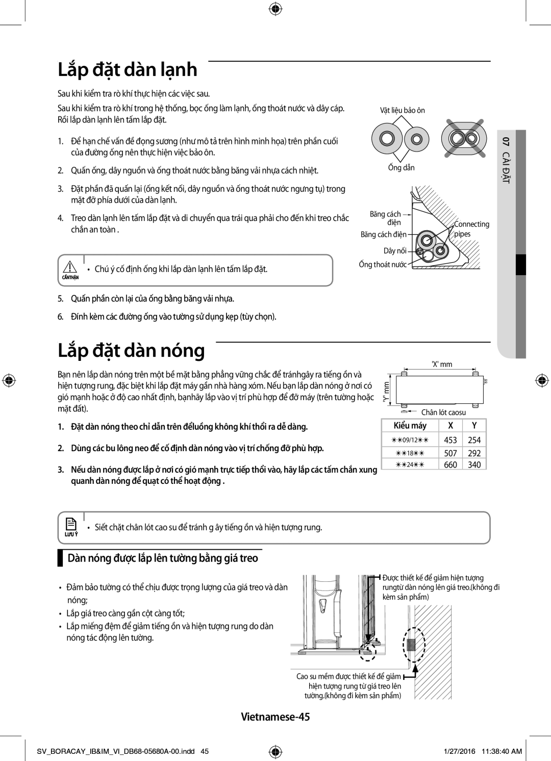 Samsung AR09KCFHDWKNSV manual Lắp đặt dàn lạnh, Lắp đặt dàn nóng, Dàn nóng được lắp lên tường bằng giá treo, Vietnamese-45 