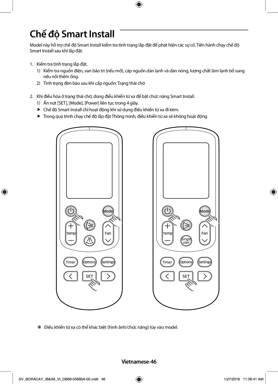 Samsung AR12KCFHDWKNSV, AR24KCFHDWKNSV, AR09KCFHDWKNSV, AR18KCFHDWKNSV manual Chế độ Smart Install, Vietnamese-46 