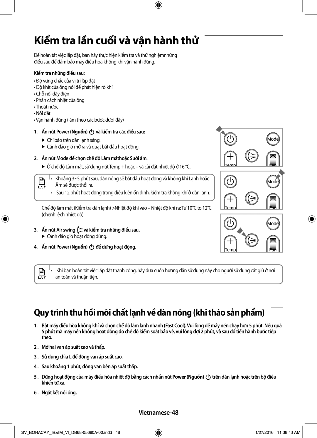 Samsung AR24KCFHDWKNSV, AR09KCFHDWKNSV, AR12KCFHDWKNSV, AR18KCFHDWKNSV manual Kiểm tra lần cuối và vận hành thử, Vietnamese-48 