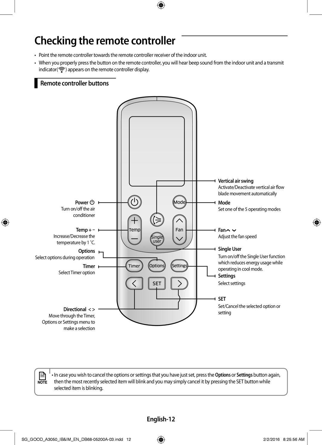 Samsung AR24KPFNDWKNSG, AR18KPFNDWKNSG manual Checking the remote controller, Remote controller buttons, English-12 