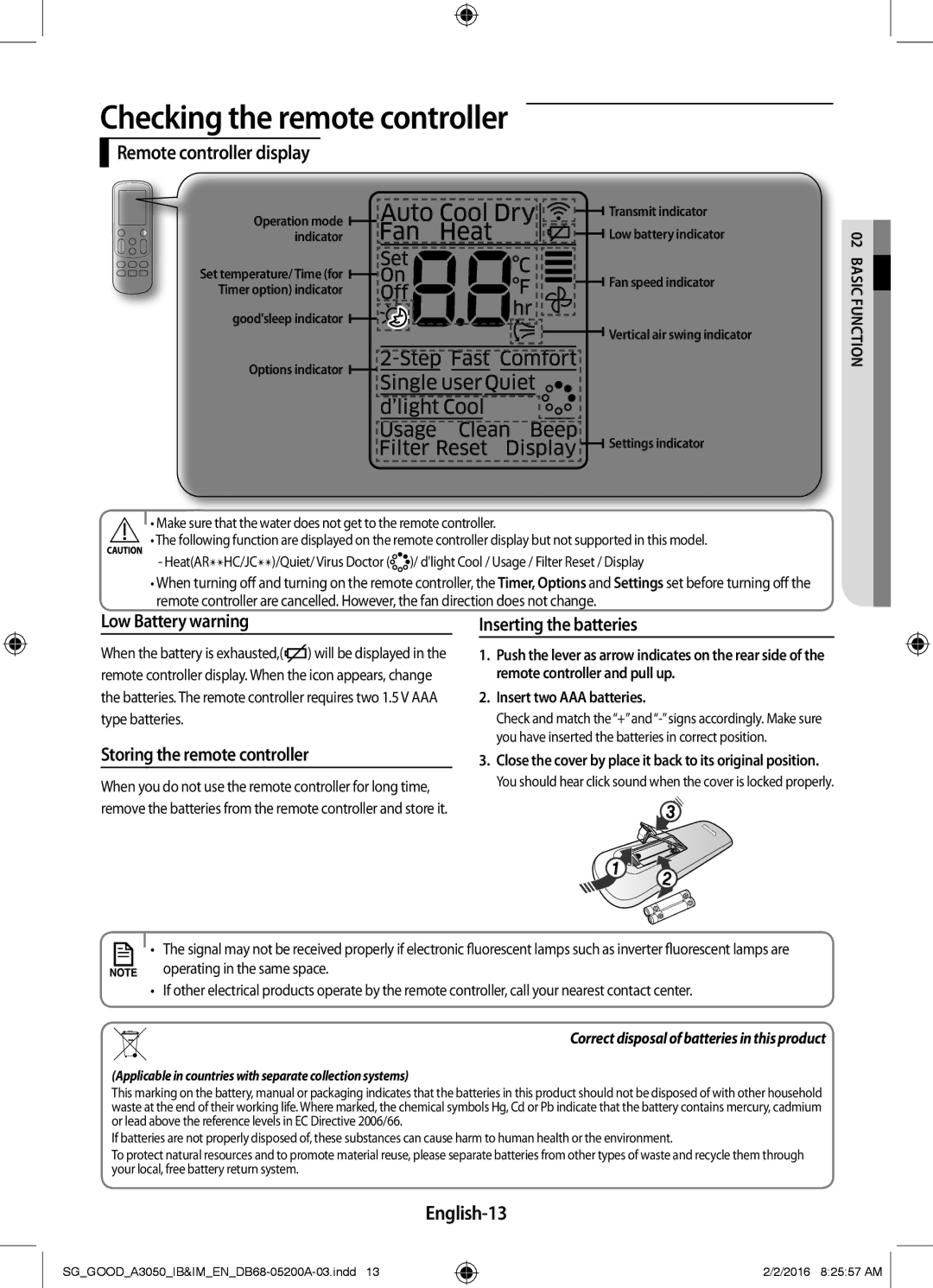 Samsung AR18KPFNDWKNSG manual Remote controller display, Low Battery warning, Storing the remote controller, English-13 