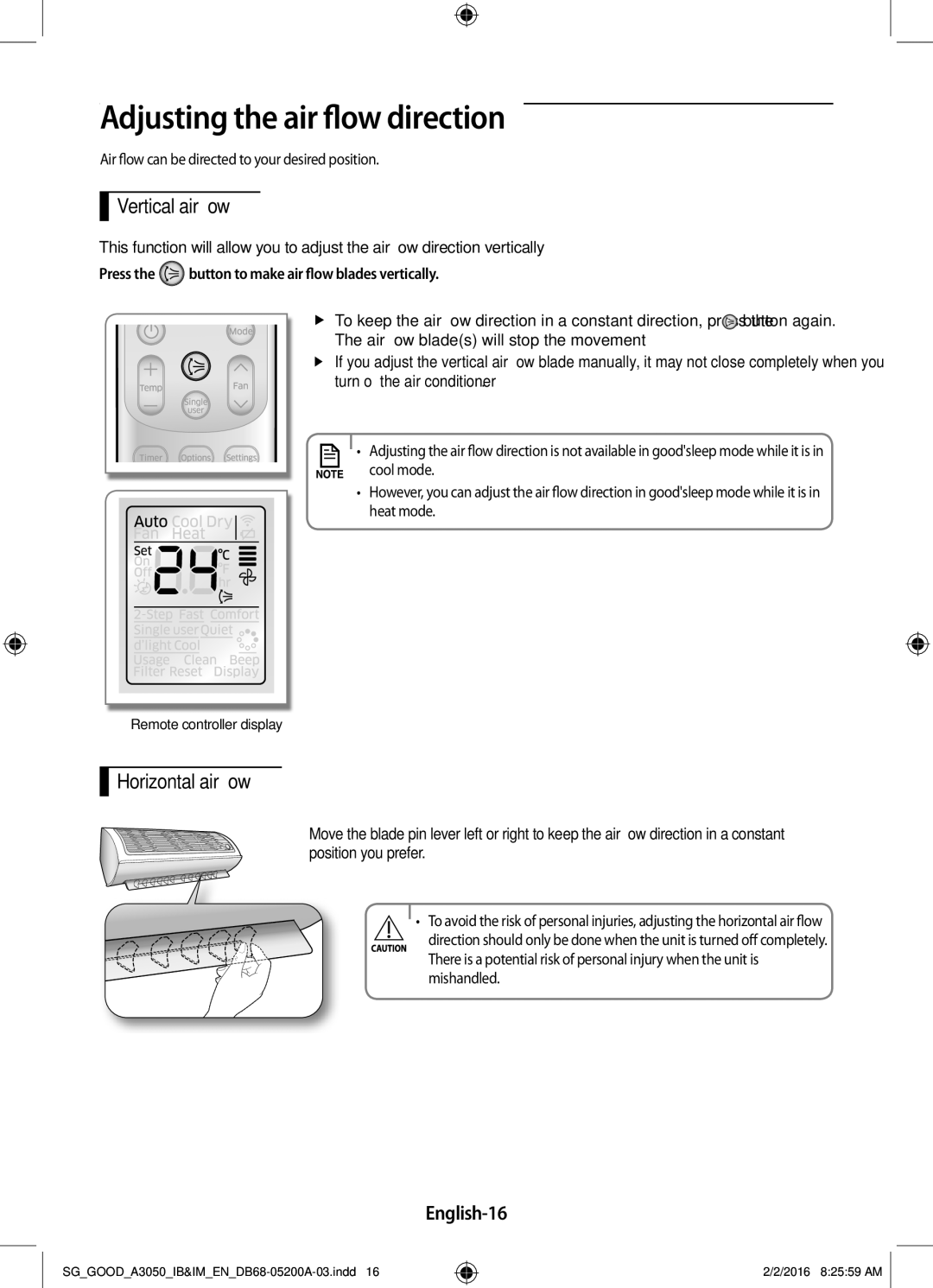 Samsung AR12HPFSDWK/SG manual Adjusting the air flow direction, Vertical air flow, Horizontal air flow, English-16 