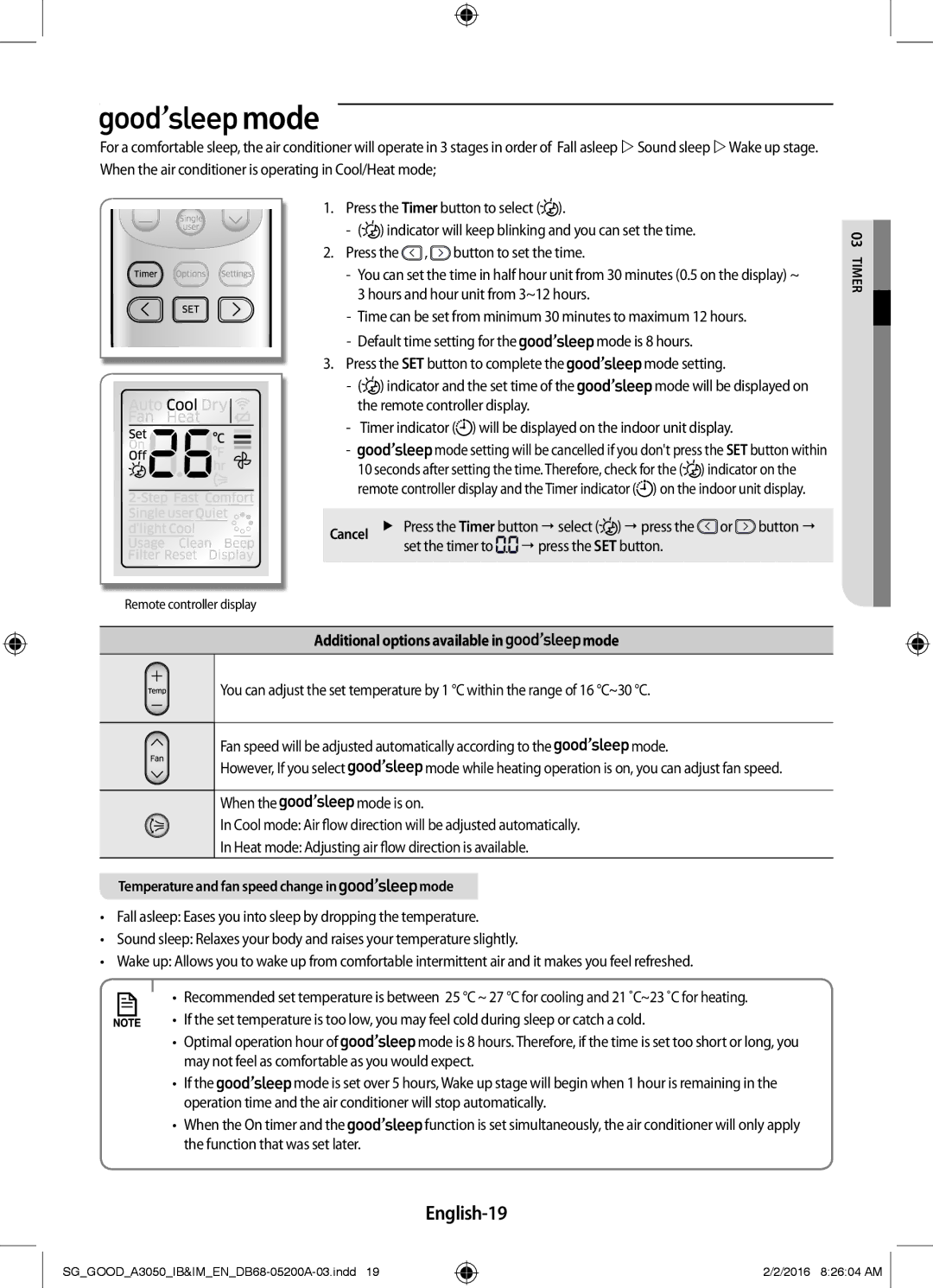 Samsung AR18KPFNDWKNSG, AR24KPFNDWKNSG, AR12KPFNDWKNSG manual Mode, English-19, Additional options available in mode 