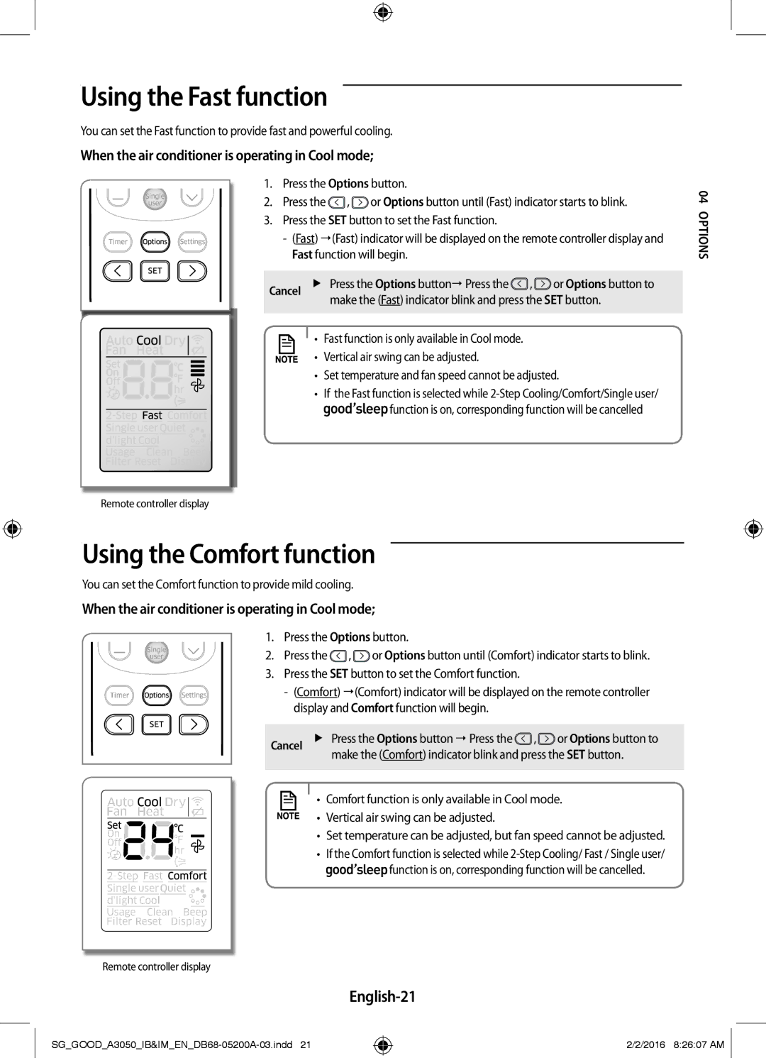 Samsung AR24KPFNDWK/SG, AR24KPFNDWKNSG, AR18KPFNDWKNSG manual Using the Fast function, Using the Comfort function, English-21 