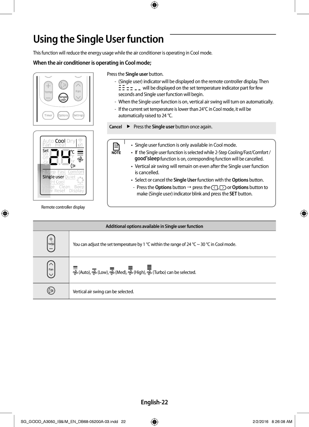 Samsung AR12HPFSDWK/SG, AR24KPFNDWKNSG manual Using the Single User function, English-22, Press the Single user button 