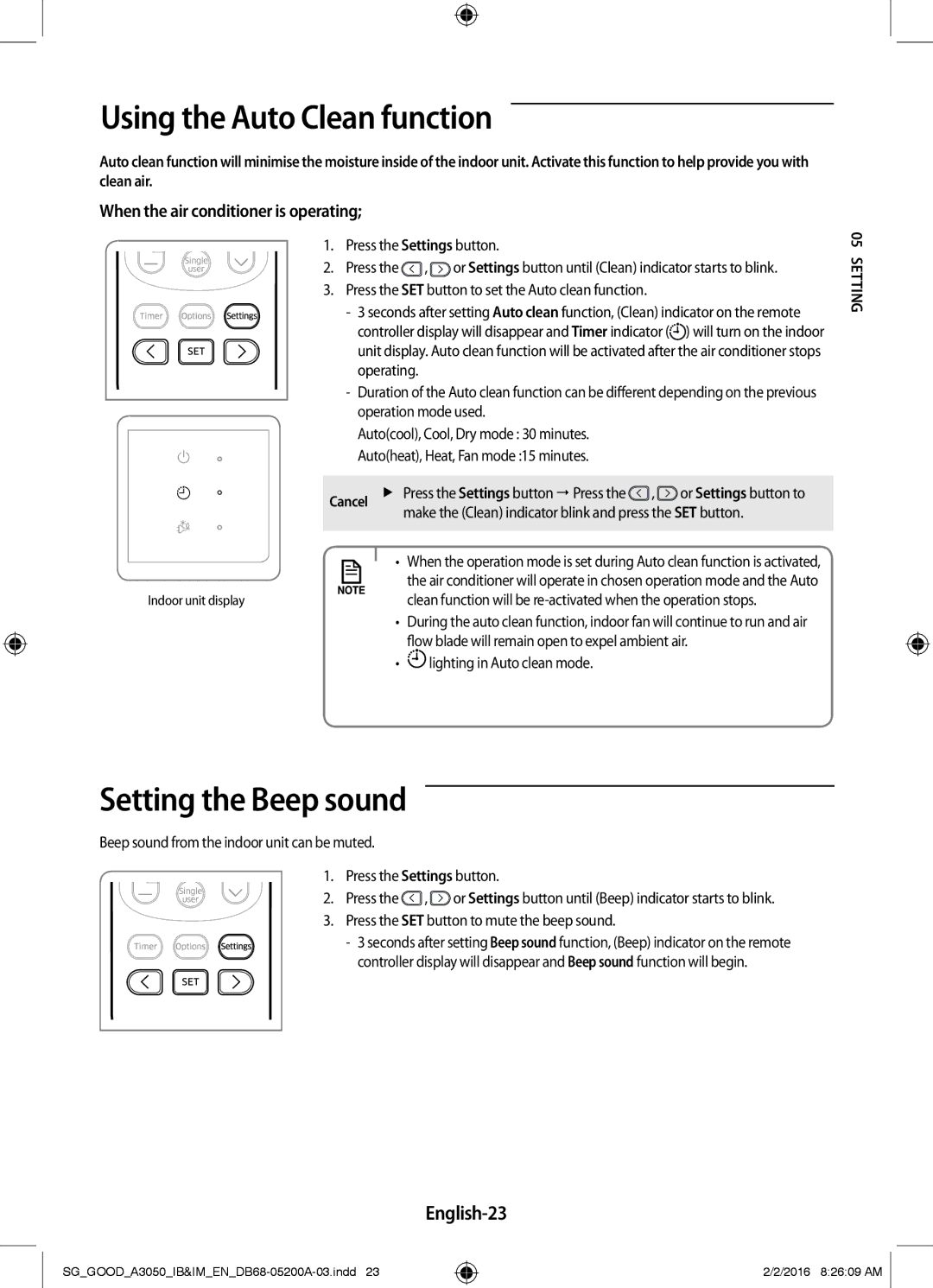 Samsung AR12KPFNDWKXSG, AR24KPFNDWKNSG, AR18KPFNDWKNSG Using the Auto Clean function, Setting the Beep sound, English-23 