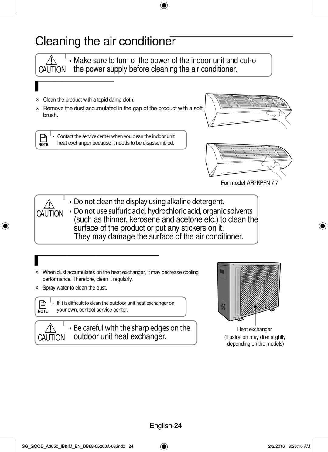 Samsung AR24KPFNDWKNSG Cleaning the air conditioner, Cleaning the indoor unit, Cleaning the outdoor unit heat exchanger 