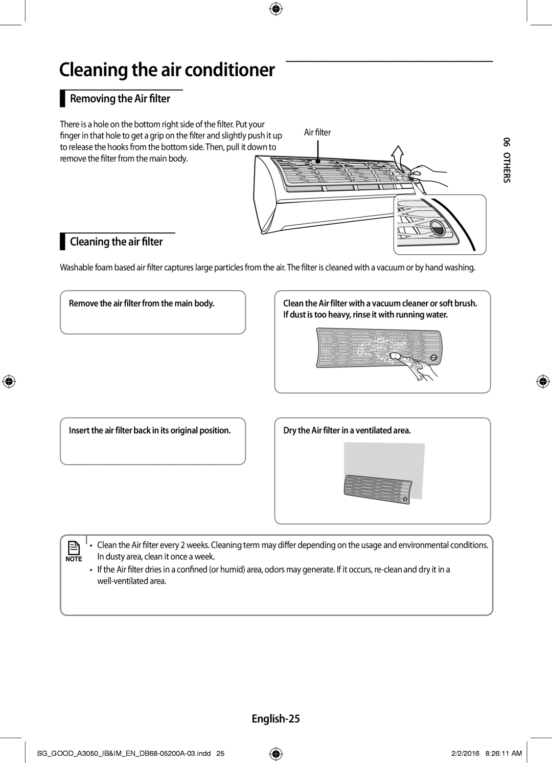 Samsung AR18KPFNDWKNSG, AR24KPFNDWKNSG, AR12KPFNDWKNSG manual Removing the Air filter, Cleaning the air filter, English-25 