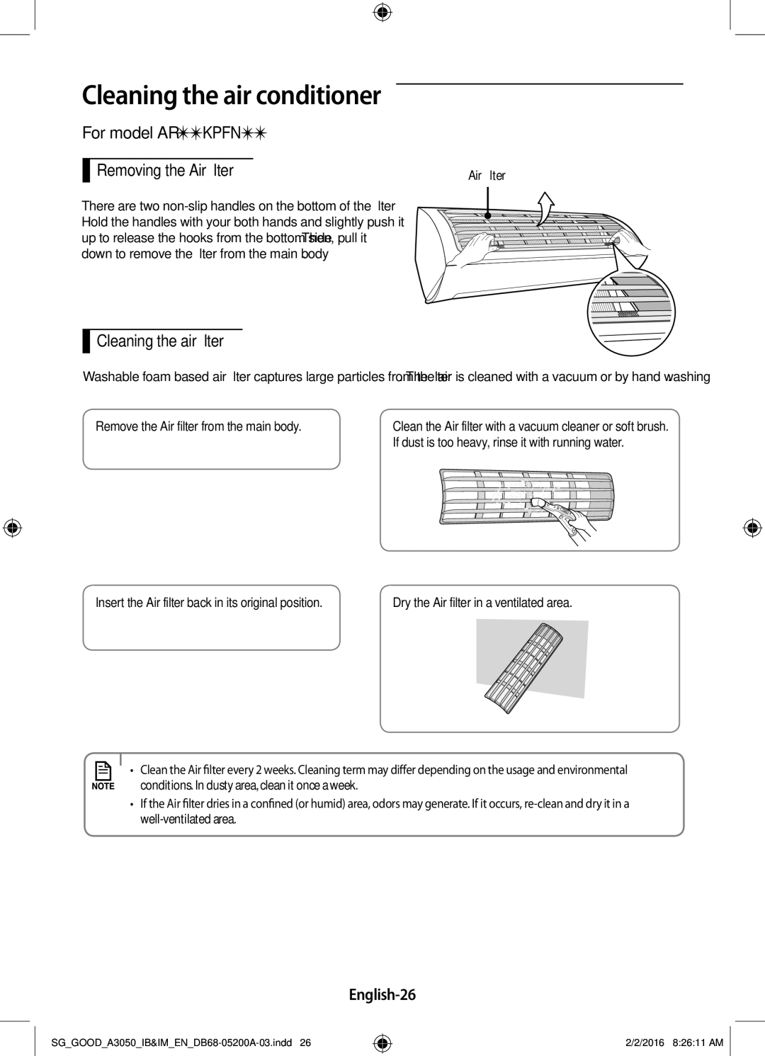 Samsung AR12KPFNDWKNSG, AR24KPFNDWKNSG, AR18KPFNDWKNSG, AR24KPFNDWK/SG, AR12HPFSDWK/SG English-26, Removing the Air filter 