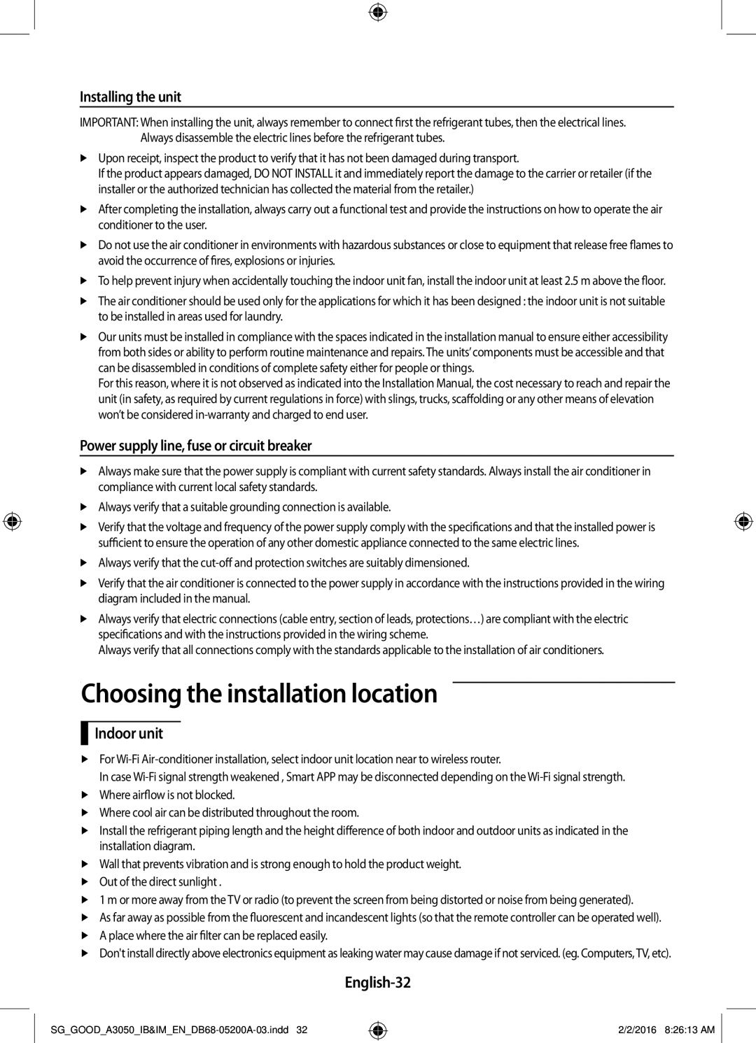 Samsung AR12KPFNDWKNSG Choosing the installation location, Installing the unit, Power supply line, fuse or circuit breaker 