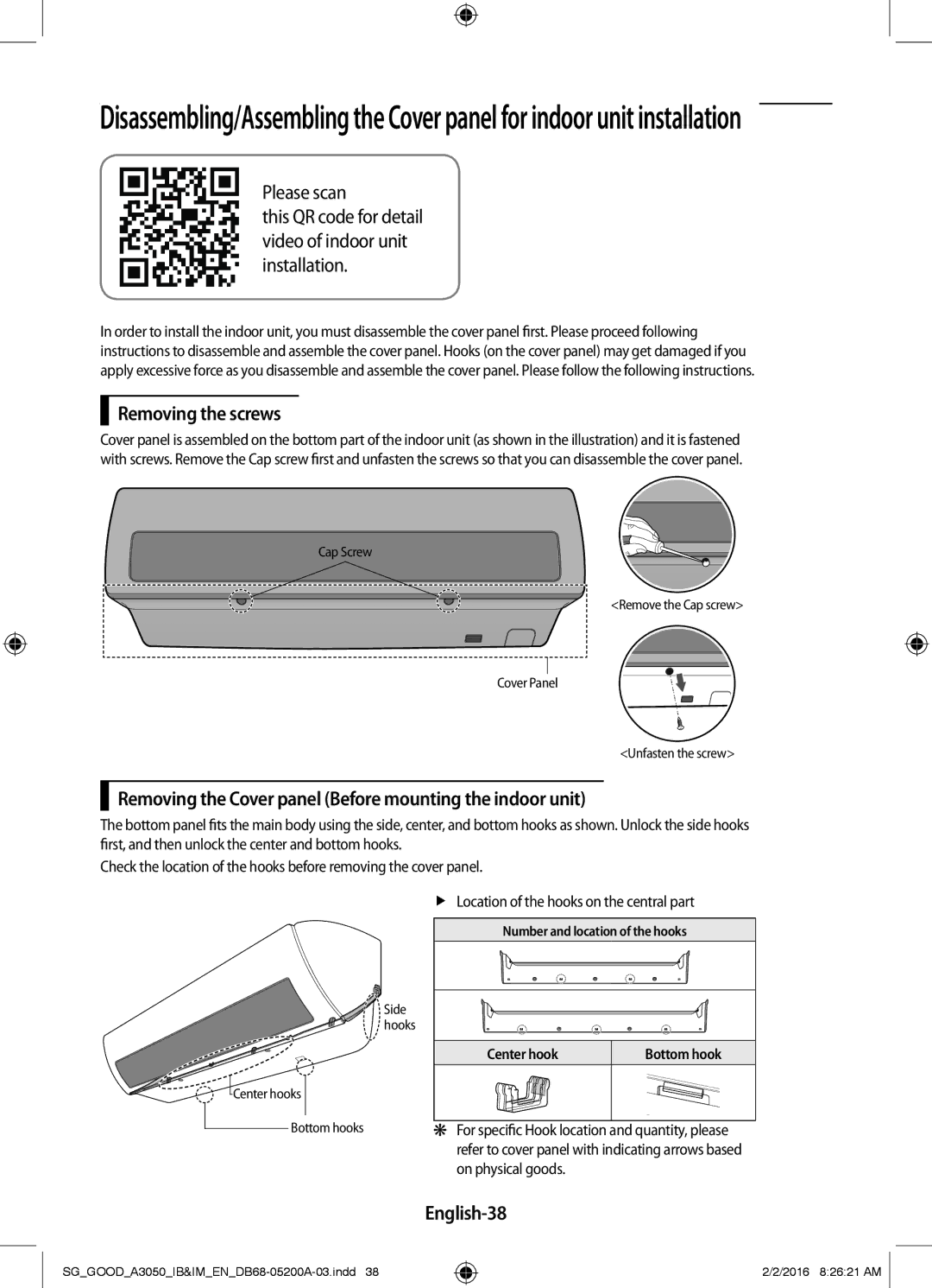 Samsung AR12KPFNDWKNSG manual Removing the screws, Removing the Cover panel Before mounting the indoor unit, English-38 