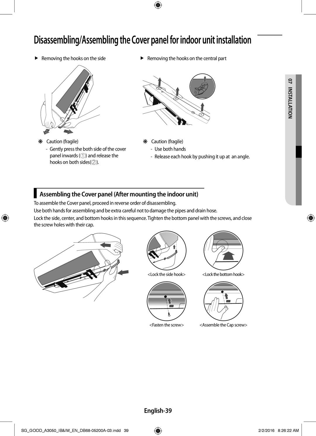 Samsung AR24KPFNDWK/SG, AR24KPFNDWKNSG manual Assembling the Cover panel After mounting the indoor unit, English-39 