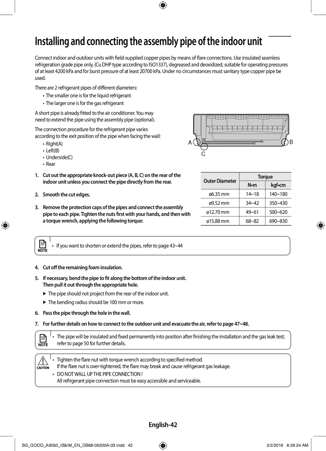 Samsung AR24KPFNDWKNSG, AR18KPFNDWKNSG English-42, Smooth the cut edges, Cut off the remaining foam insulation, Torque 