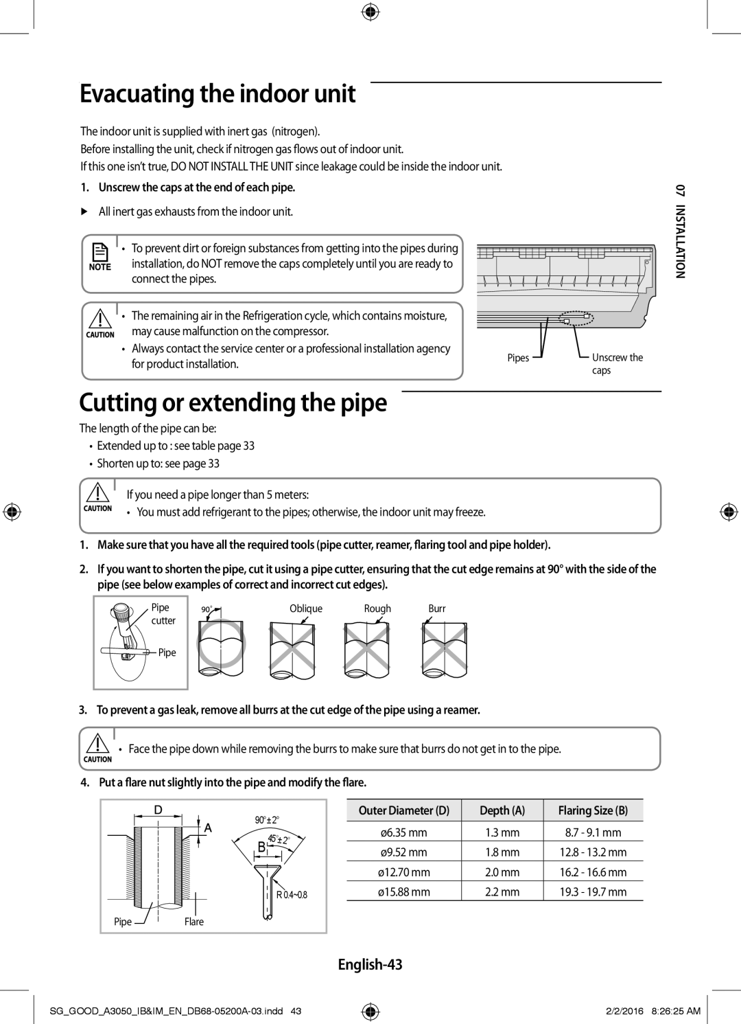 Samsung AR18KPFNDWKNSG, AR24KPFNDWKNSG manual Evacuating the indoor unit, Cutting or extending the pipe, English-43 