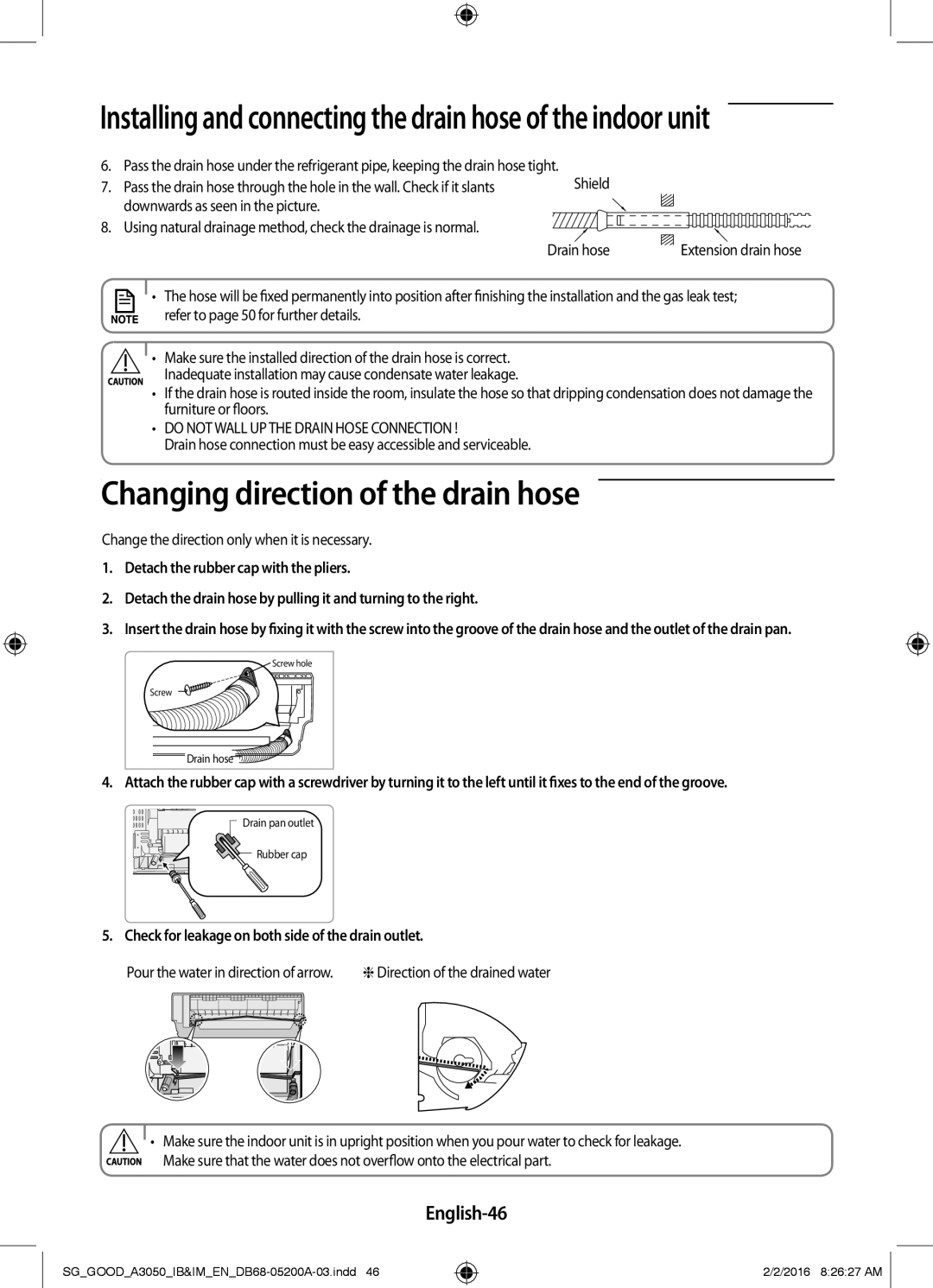 Samsung AR12HPFSDWK/SG Changing direction of the drain hose, English-46, Change the direction only when it is necessary 