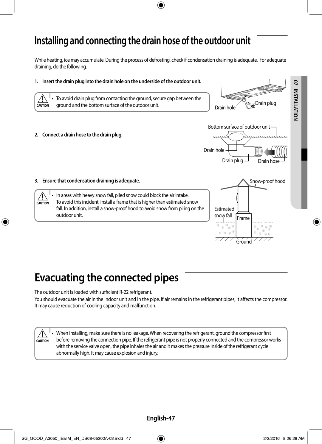 Samsung AR12KPFNDWKXSG, AR24KPFNDWKNSG Evacuating the connected pipes, English-47, Connect a drain hose to the drain plug 