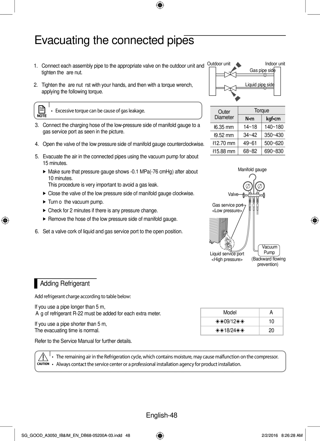 Samsung AR24KPFNDWKNSG, AR18KPFNDWKNSG, AR12KPFNDWKNSG, AR24KPFNDWK/SG, AR12HPFSDWK/SG manual Adding Refrigerant, English-48 