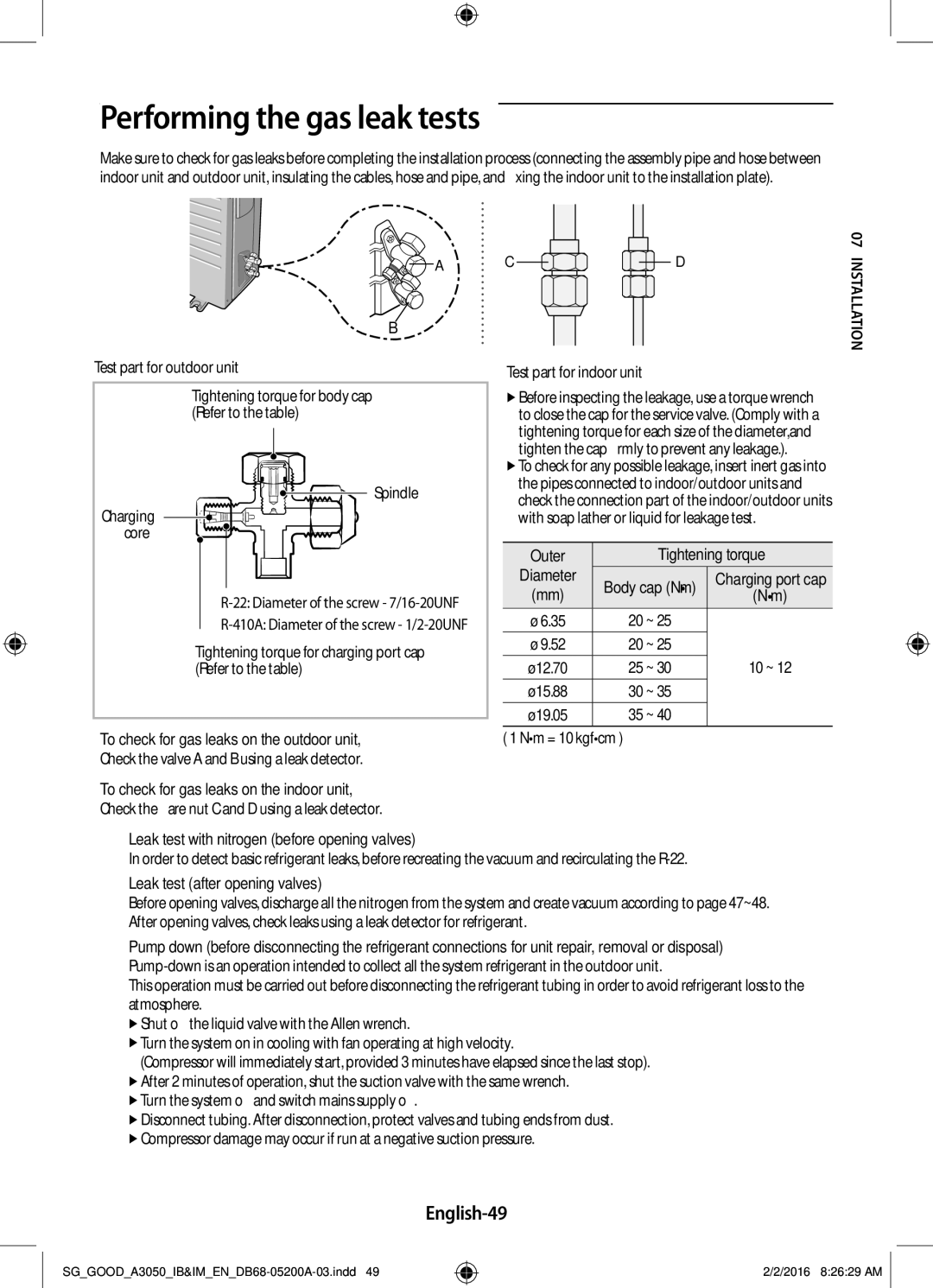 Samsung AR18KPFNDWKNSG, AR24KPFNDWKNSG, AR12KPFNDWKNSG, AR24KPFNDWK/SG manual Performing the gas leak tests, English-49 