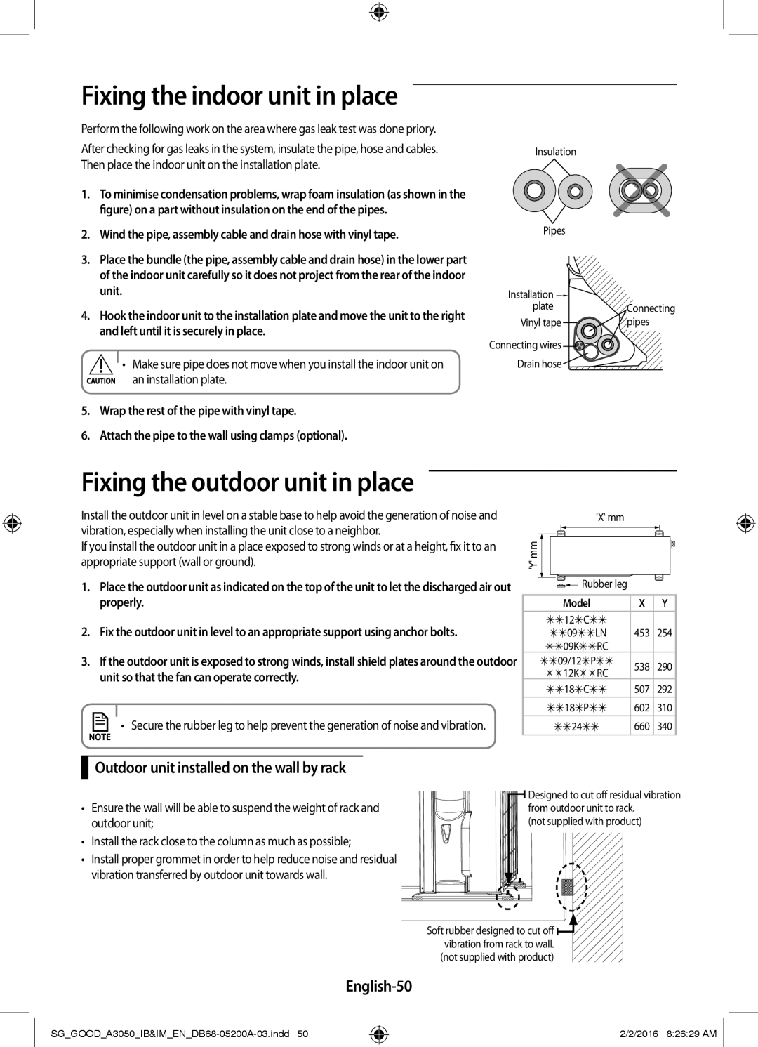 Samsung AR12KPFNDWKNSG manual Fixing the outdoor unit in place, Outdoor unit installed on the wall by rack, English-50 