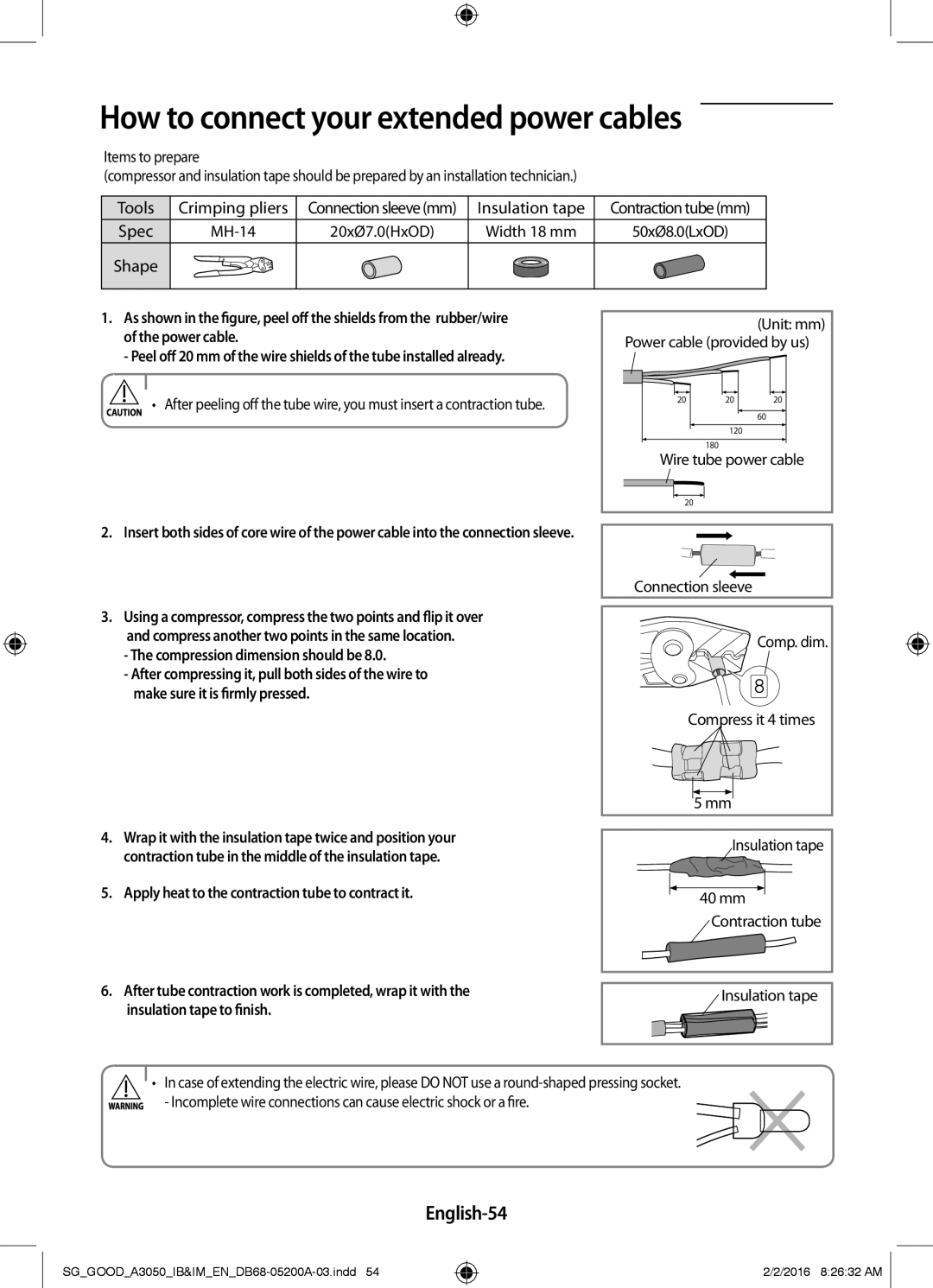 Samsung AR24KPFNDWKNSG, AR18KPFNDWKNSG How to connect your extended power cables, English-54, Insulation tape to finish 