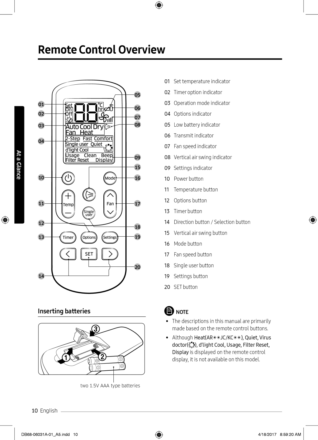 Samsung AR18KPFNDWKNSG, AR24KPFNDWKNSG Remote Control Overview, Inserting batteries, Although HeatARJC/KC, Quiet, Virus 