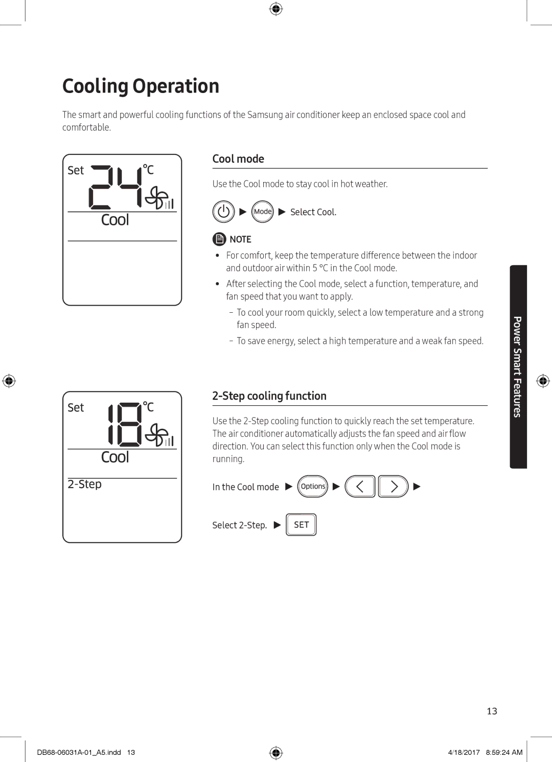 Samsung AR24KPFNDWK/SG, AR24KPFNDWKNSG, AR18KPFNDWKXSG, AR18KPFNDWKNSG Cooling Operation, Cool mode, Step cooling function 