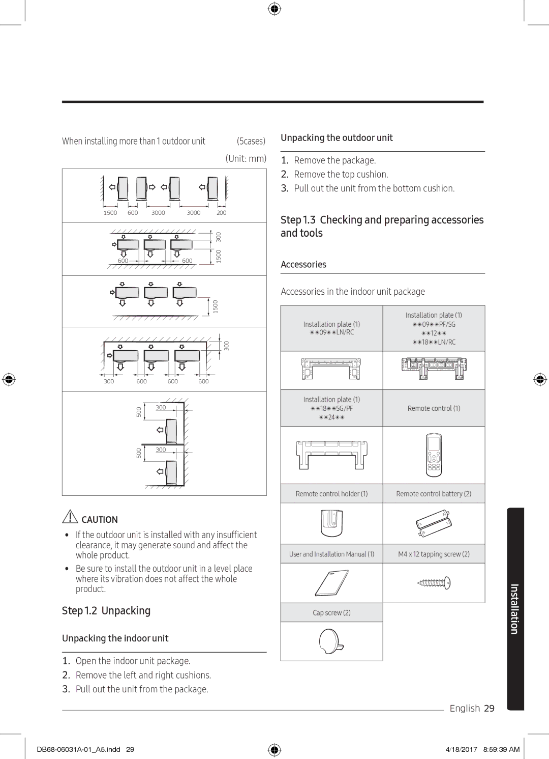 Samsung AR12KPFNDWKNSG manual Checking and preparing accessories and tools, Unpacking the indoor unit, Accessories 