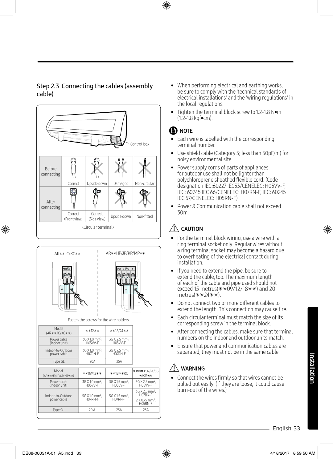 Samsung AR18KPFNDWK/SG, AR24KPFNDWKNSG, AR18KPFNDWKXSG manual Connecting the cables assembly cable, Arjc/Kcarhp/Jp/Kp/Mp 