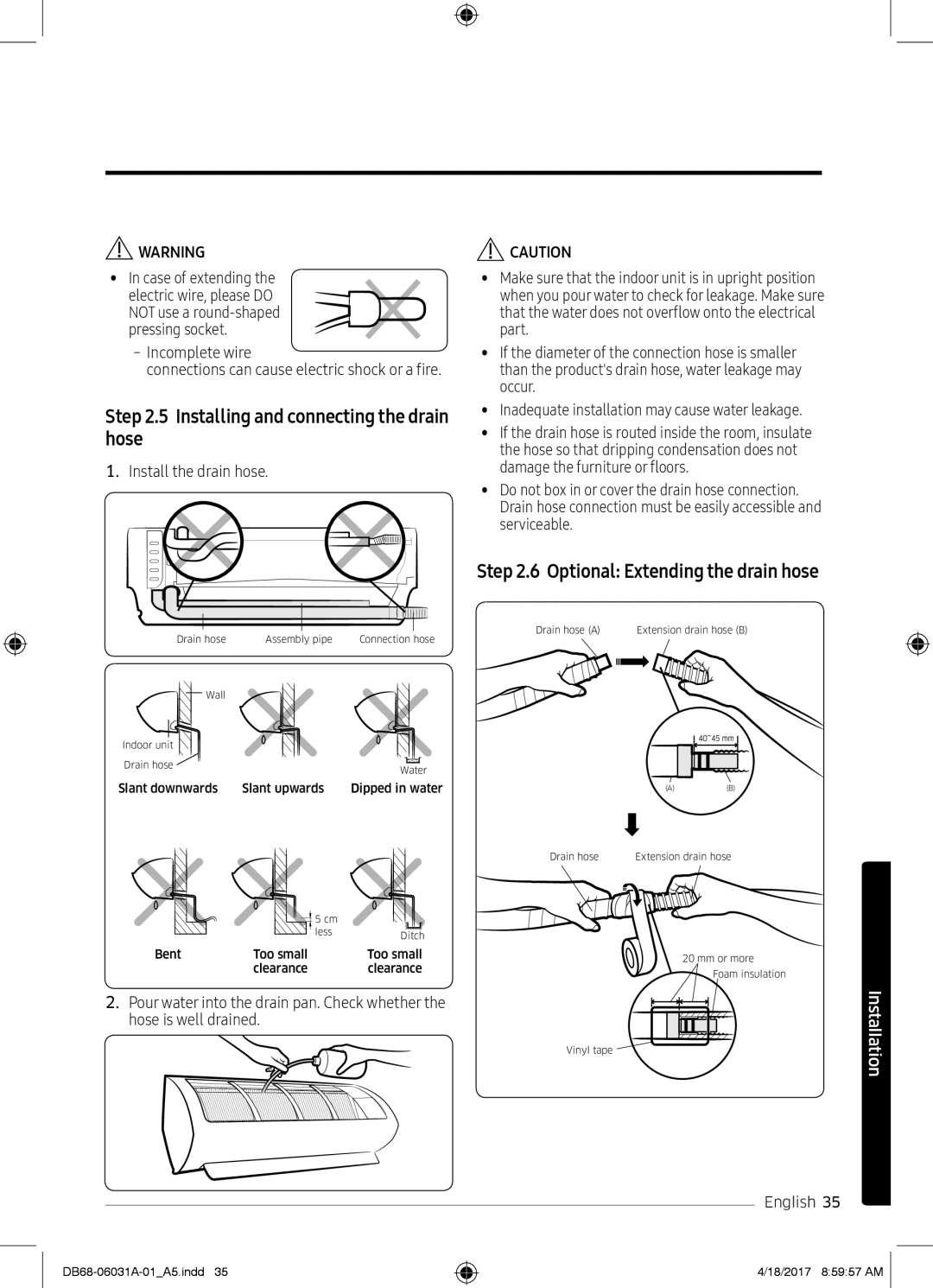 Samsung AR24KPFNDWKNSG Installing and connecting the drain hose, Optional Extending the drain hose, Install the drain hose 