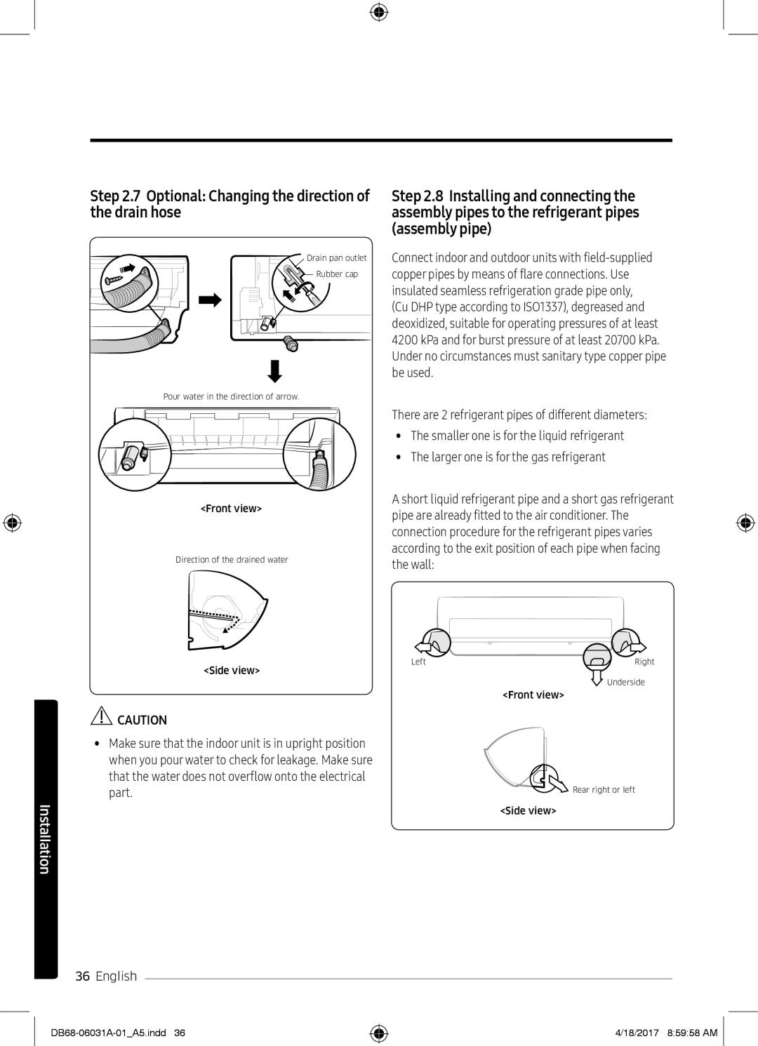 Samsung AR18KPFNDWKXSG, AR24KPFNDWKNSG, AR18KPFNDWKNSG, AR12KPFNDWKNSG Optional Changing the direction of the drain hose 