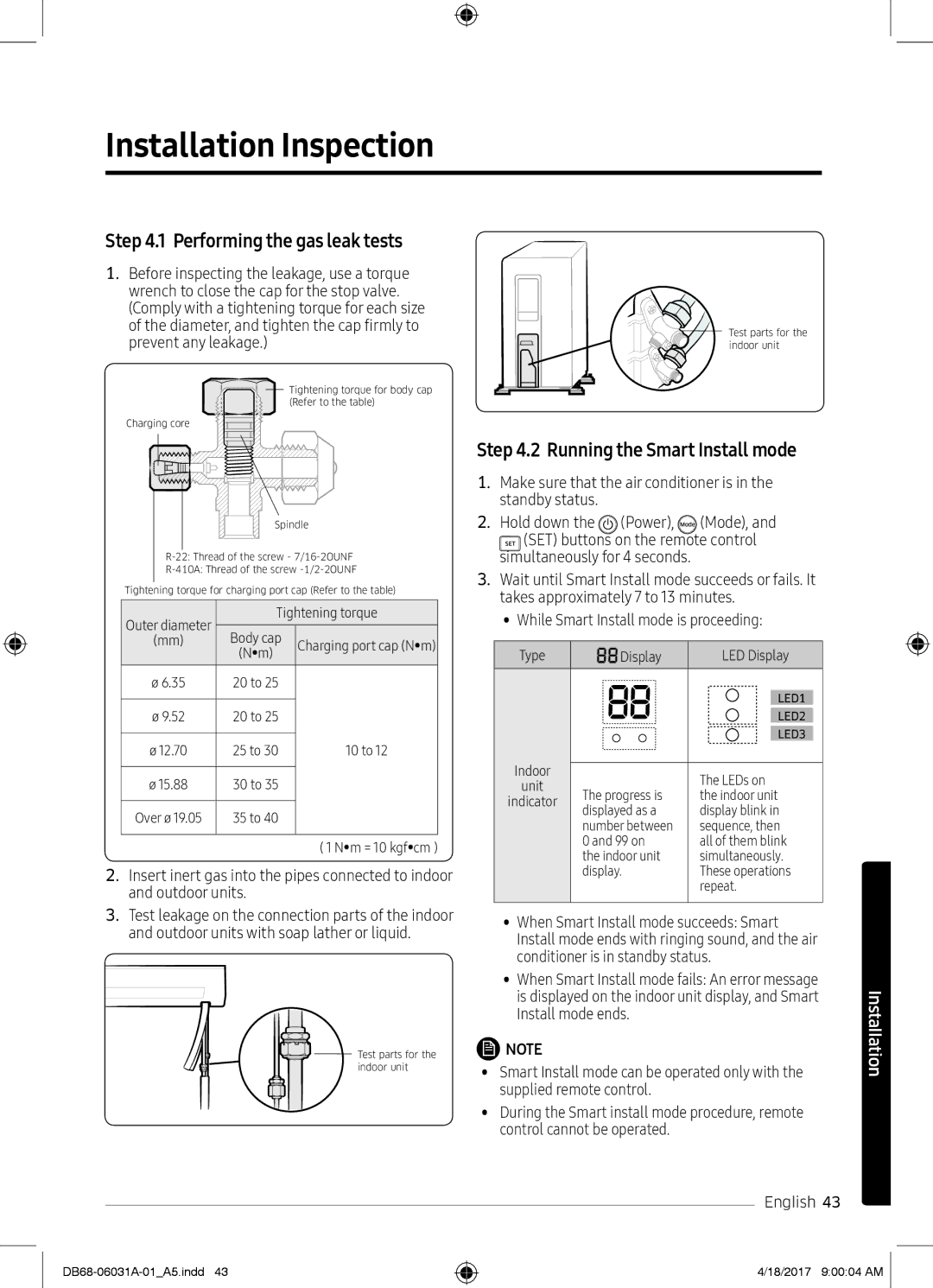 Samsung AR12KPFNDWKXSG manual Installation Inspection, Performing the gas leak tests, Running the Smart Install mode 