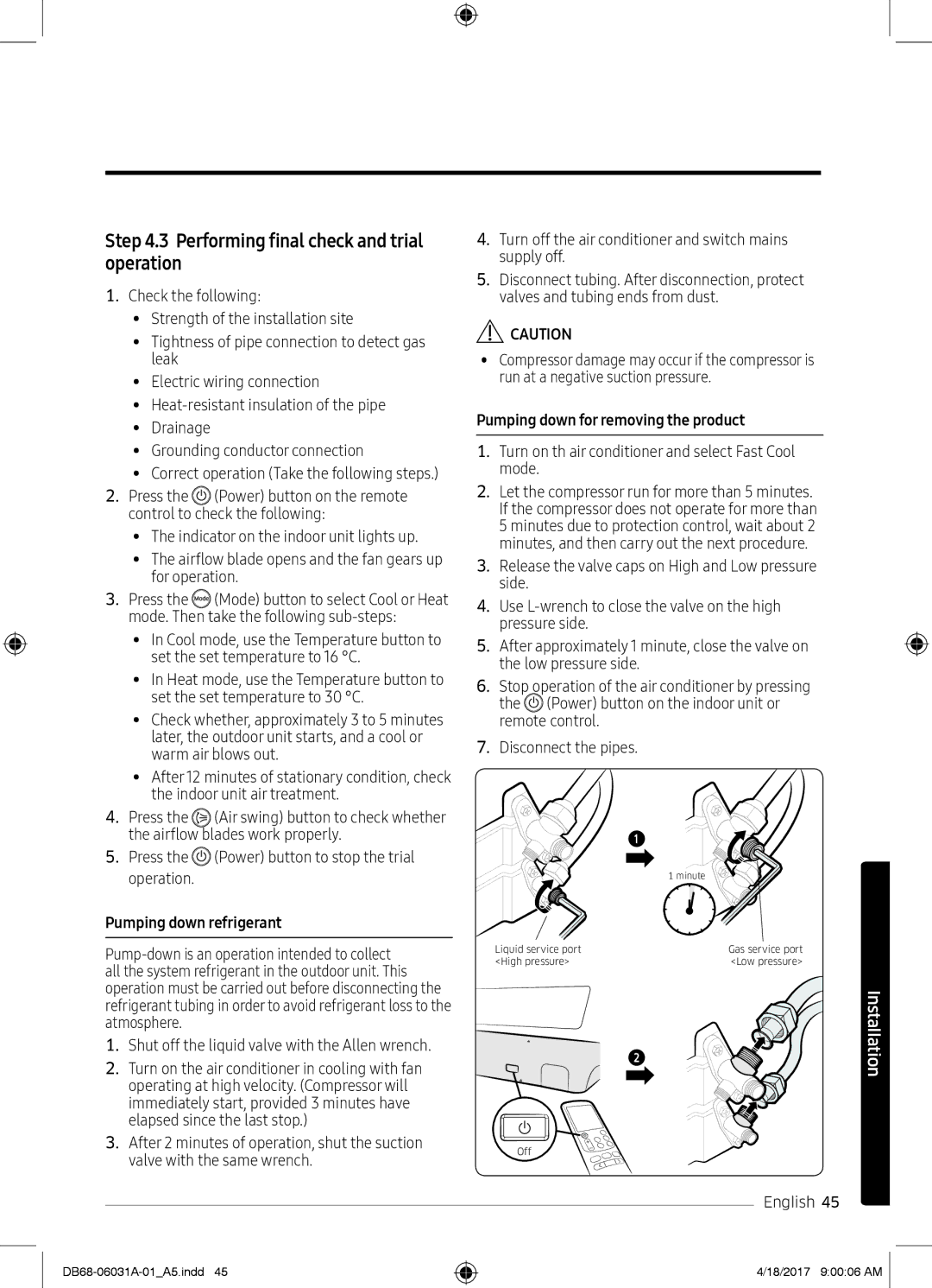 Samsung AR18KPFNDWKXSG, AR24KPFNDWKNSG, AR18KPFNDWKNSG Performing final check and trial operation, Pumping down refrigerant 
