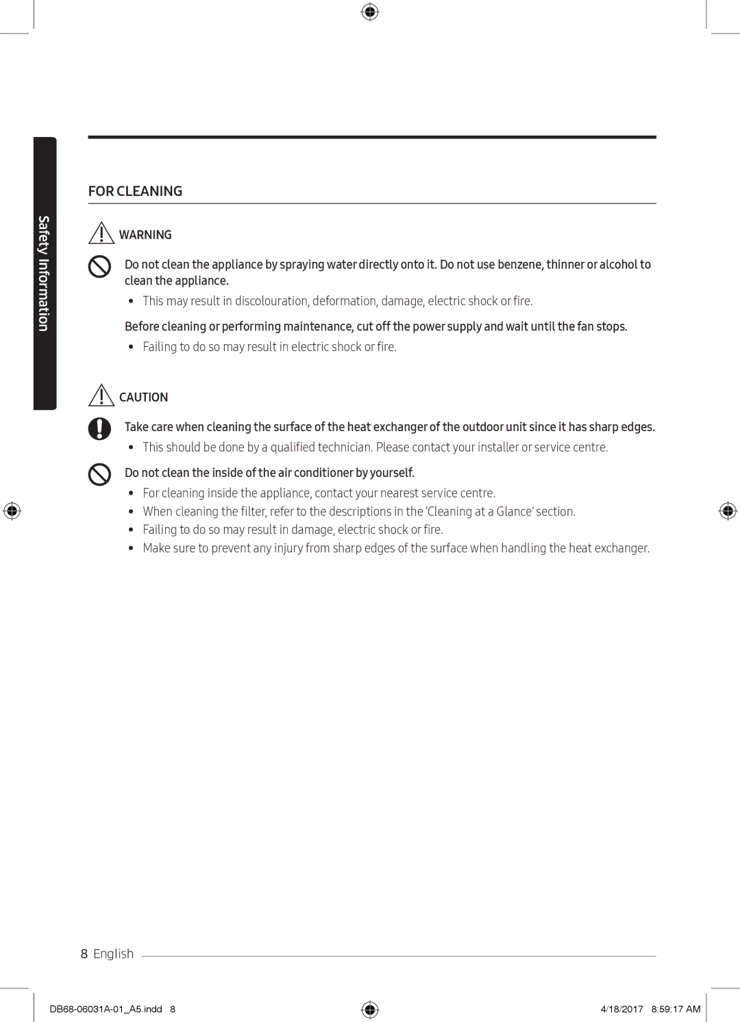 Samsung AR24KPFNDWKNSG, AR18KPFNDWKXSG manual For Cleaning, Do not clean the inside of the air conditioner by yourself 