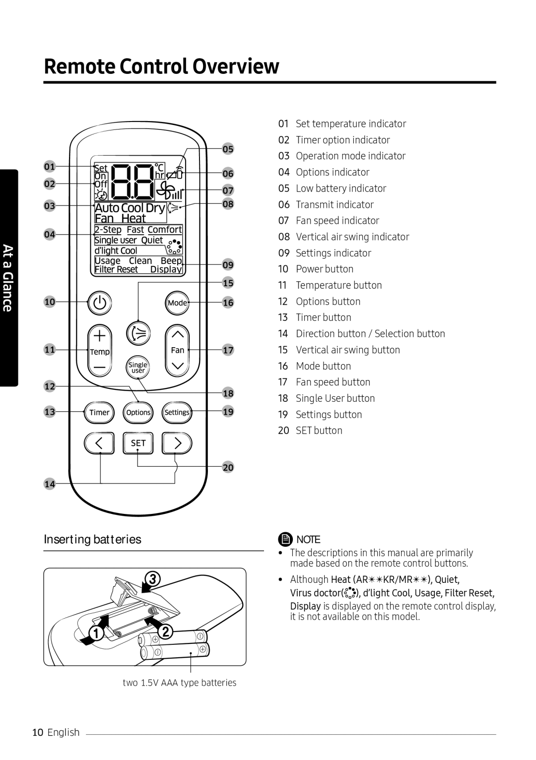 Samsung AR18MRFNEWKXMG, AR24KQFNRWKNMG, AR24MQFNRWKNMG, AR24MRFNEWKXMG manual Remote Control Overview, Inserting batteries 