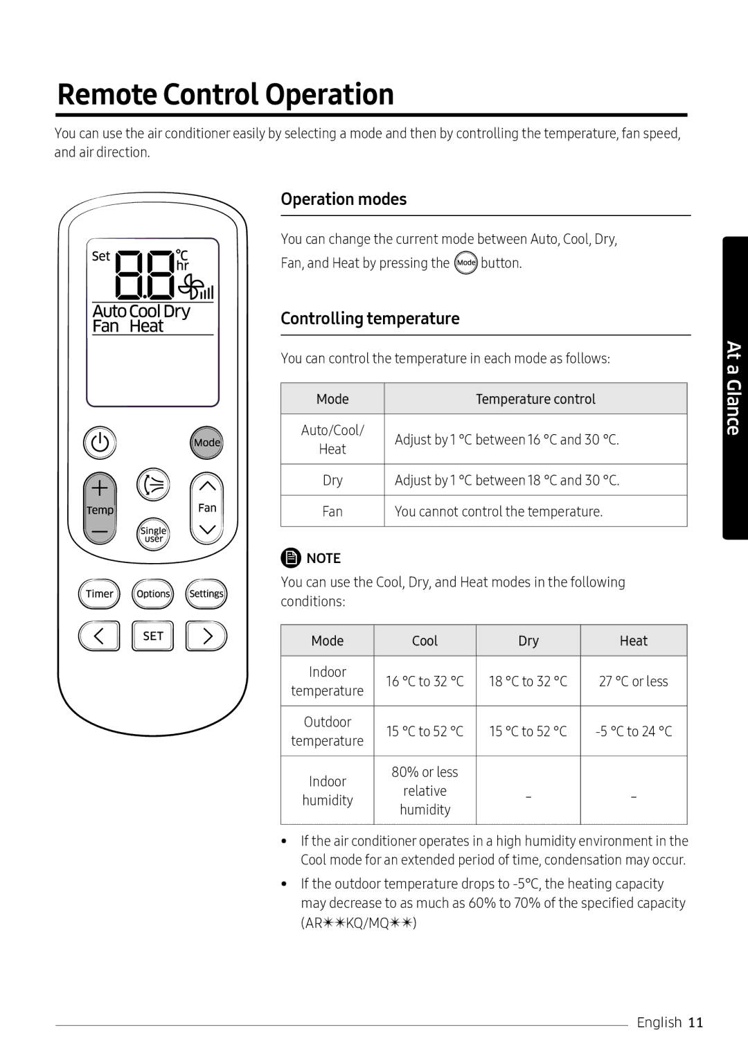 Samsung AR24MRFNEWKNMG, AR24KQFNRWKNMG, AR24MQFNRWKNMG Remote Control Operation, Operation modes, Controlling temperature 