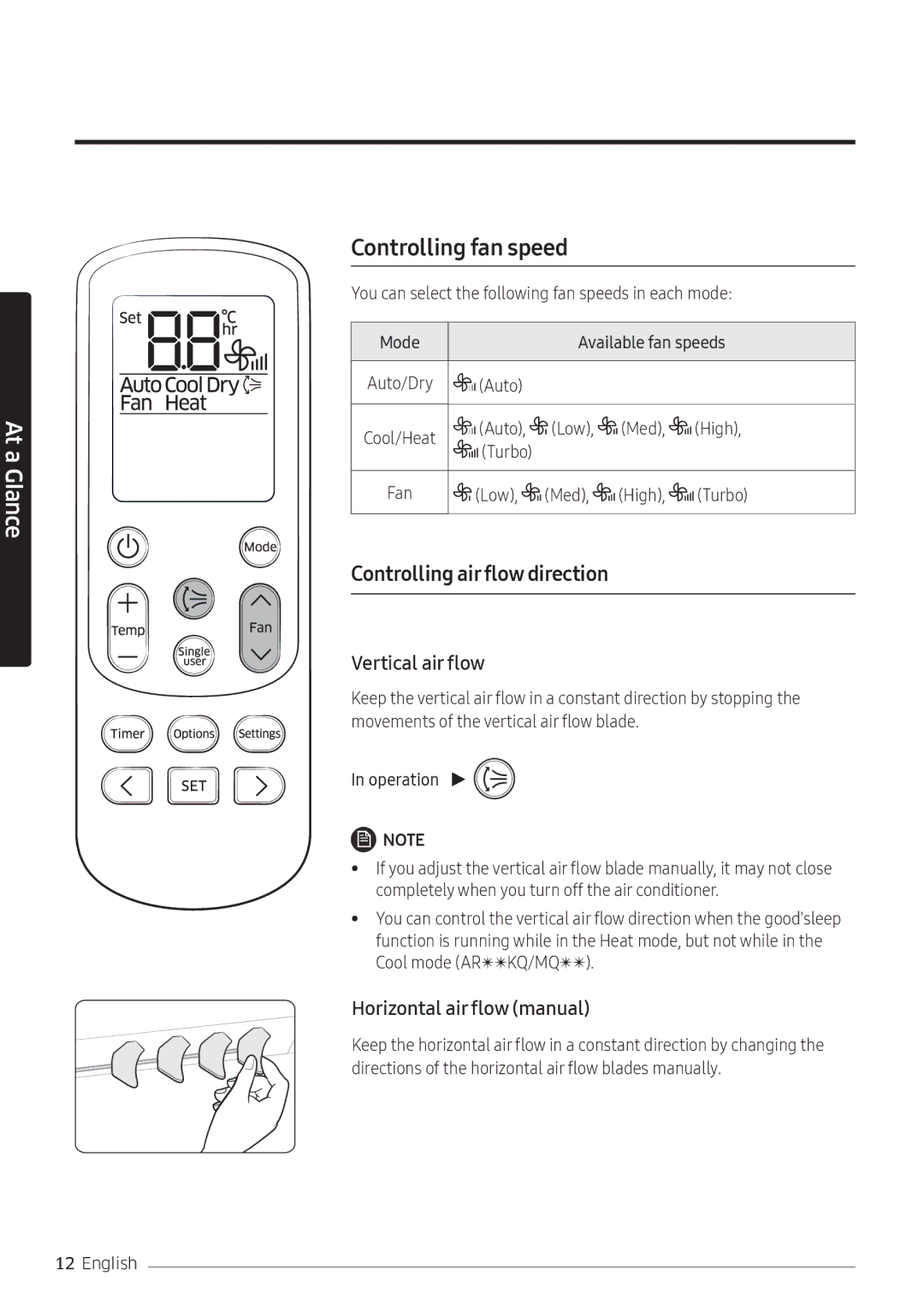 Samsung AR24MQFNRWKXMG, AR24KQFNRWKNMG Controlling air flow direction, Vertical air flow, Horizontal air flow manual 