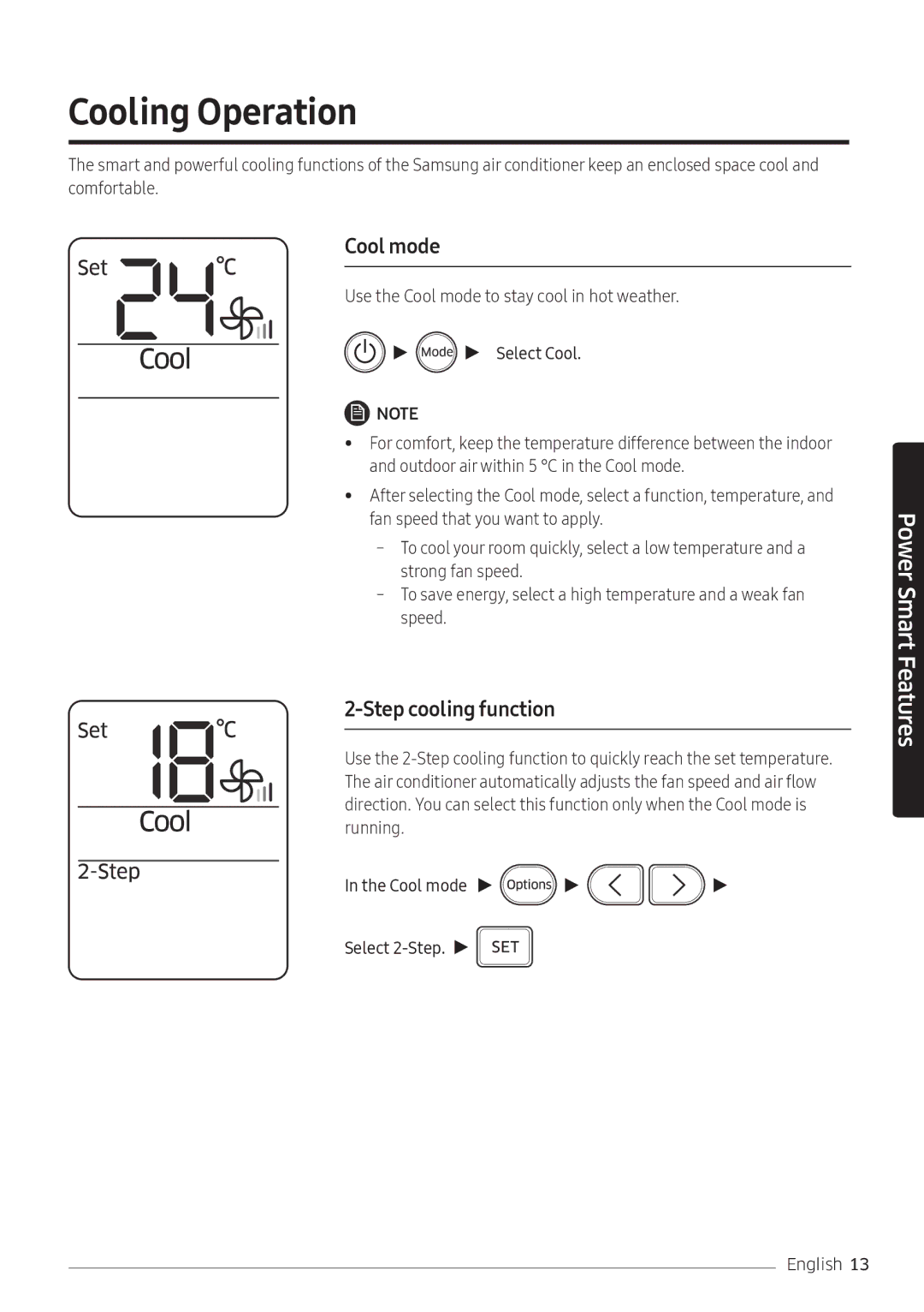 Samsung AR24KRFNEWKNMG, AR24KQFNRWKNMG, AR24MQFNRWKNMG, AR24MRFNEWKXMG Cooling Operation, Cool mode, Step cooling function 