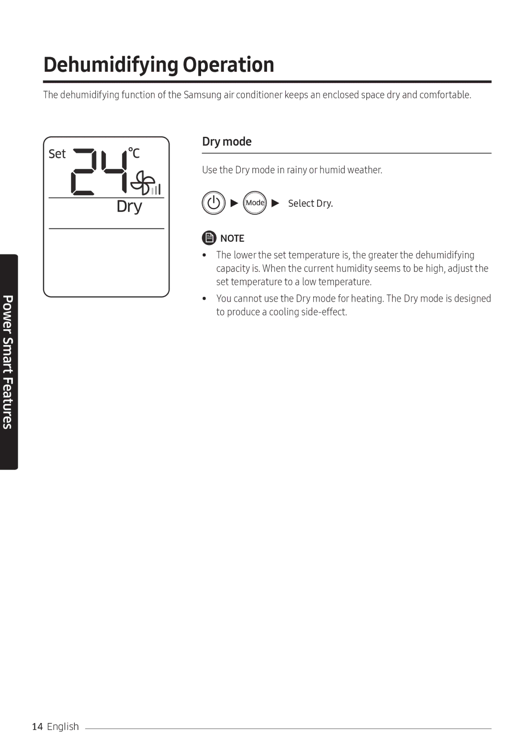 Samsung AR18KRFNEWKNMG, AR24KQFNRWKNMG, AR24MQFNRWKNMG, AR24MRFNEWKXMG, AR18KQFNEWKXMG manual Dehumidifying Operation, Dry mode 