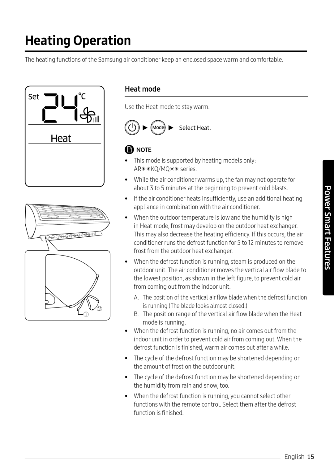 Samsung AR18MRFNEWKNMG manual Heating Operation, Heat mode, Is running The blade looks almost closed, Mode is running 