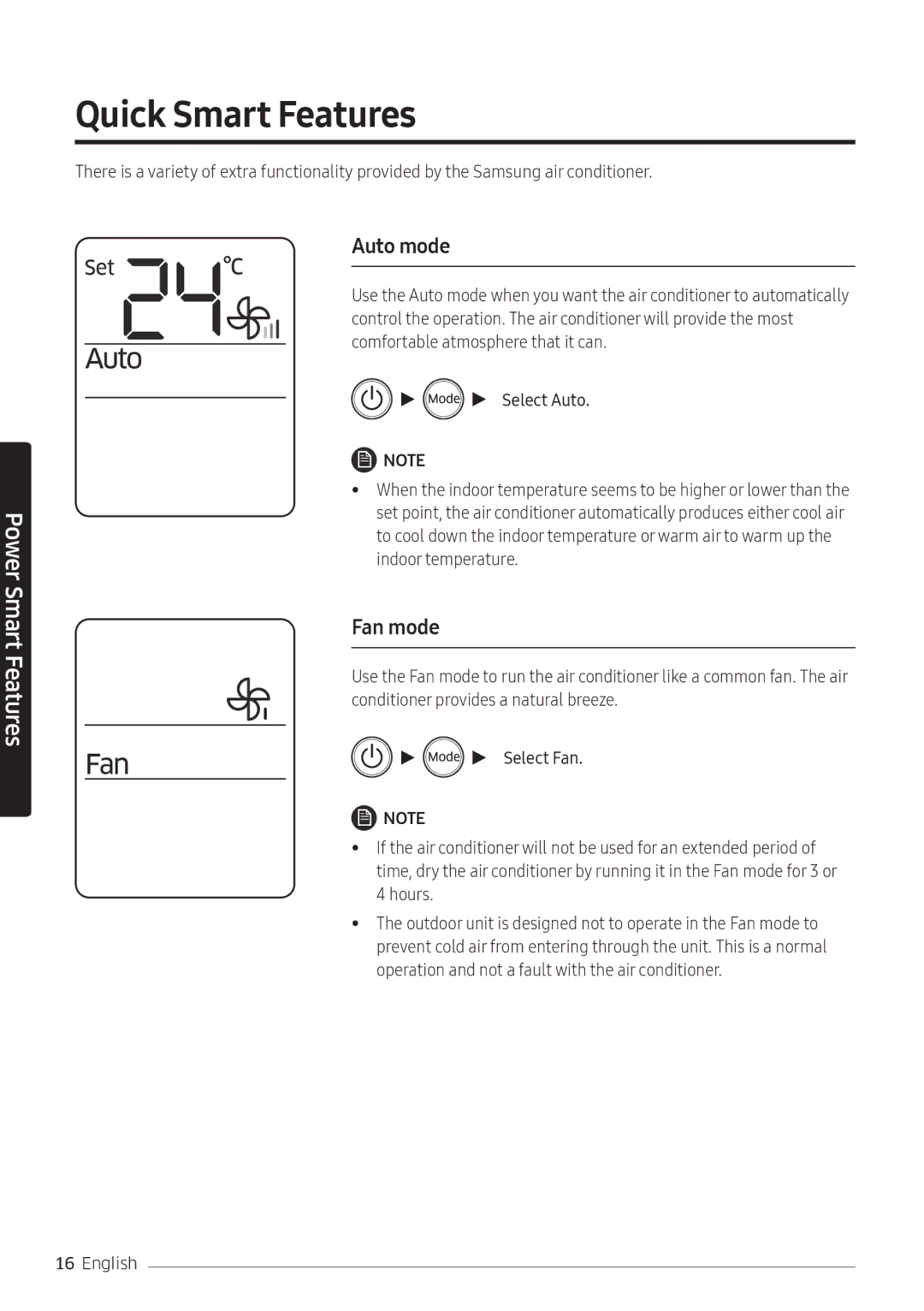 Samsung AR12KRFNEWKNMG, AR24KQFNRWKNMG, AR24MQFNRWKNMG, AR24MRFNEWKXMG manual Quick Smart Features, Auto mode, Fan mode 