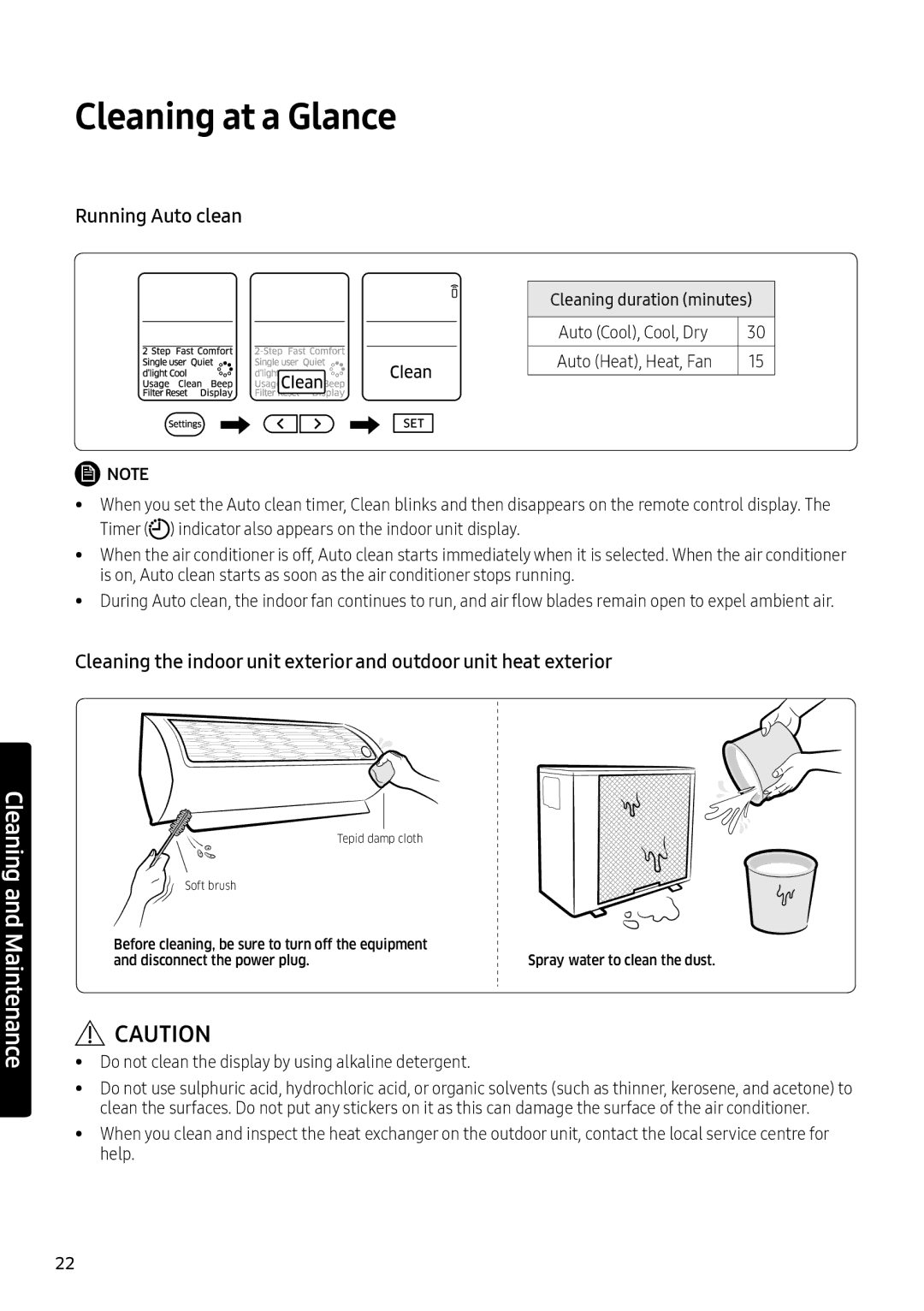 Samsung AR18KQFNEWKXMG Cleaning at a Glance, Running Auto clean, Do not clean the display by using alkaline detergent 