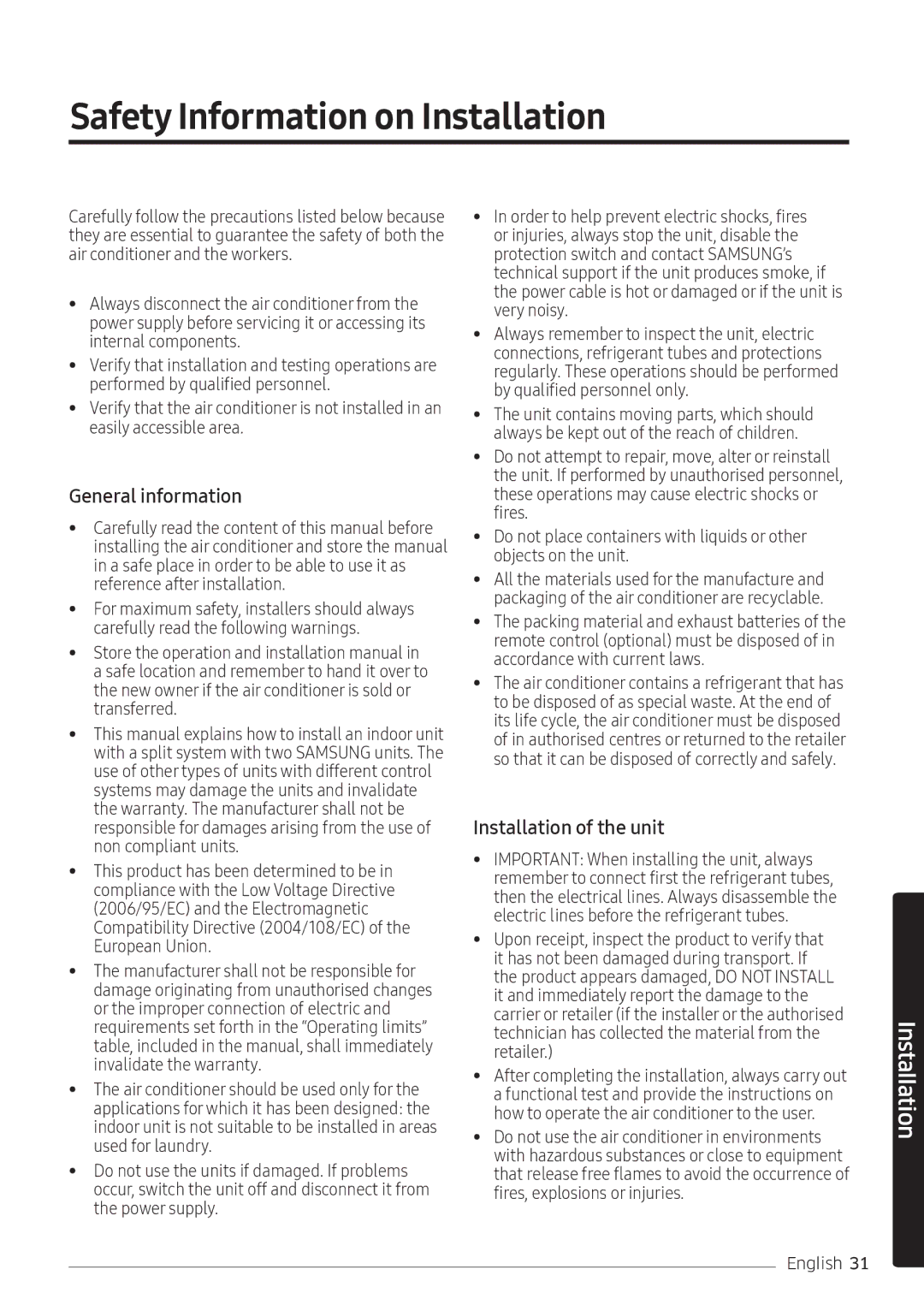 Samsung AR24MRFNEWKNMG, AR24KQFNRWKNMG Safety Information on Installation, General information, Installation of the unit 