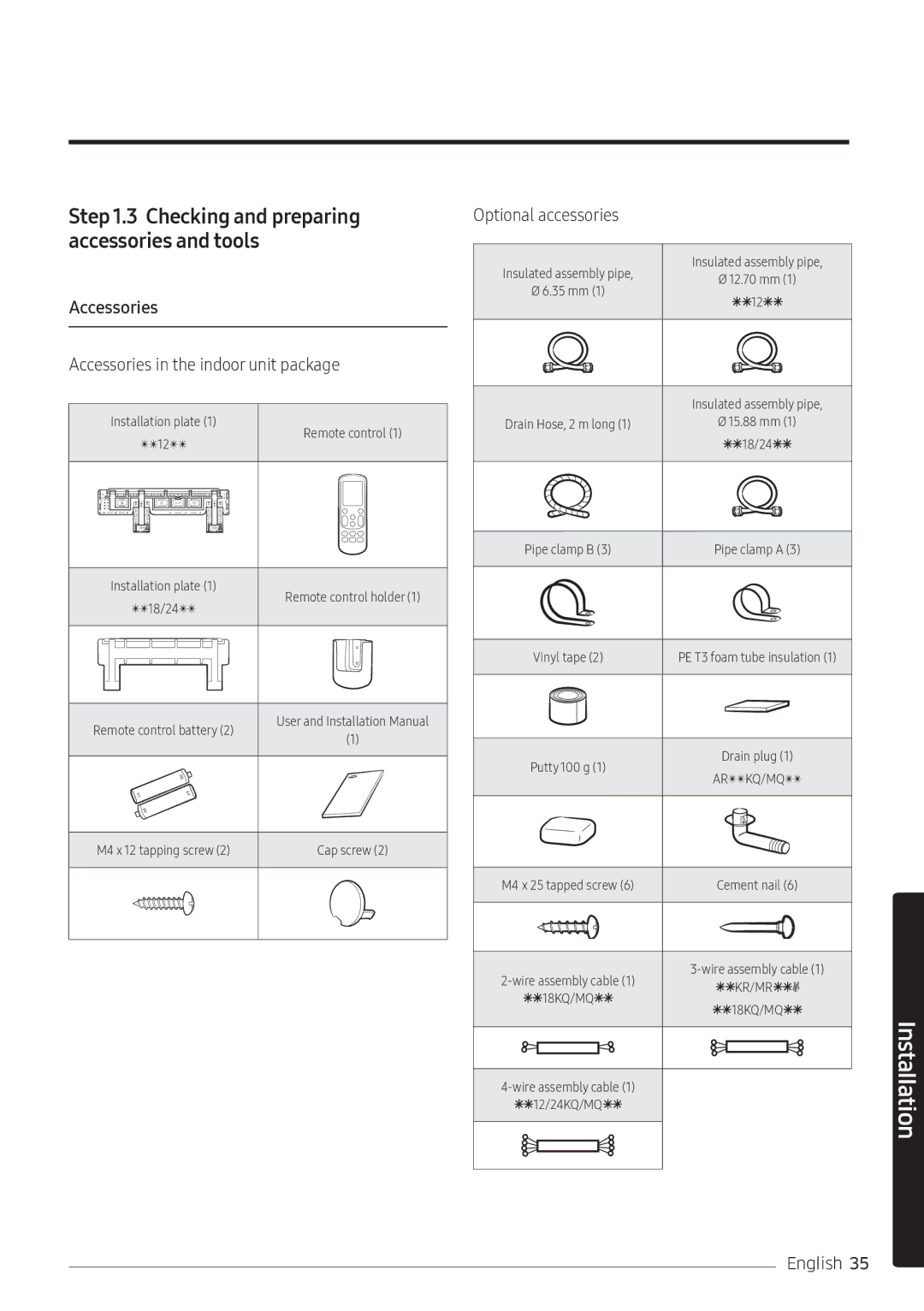 Samsung AR18MRFNEWKNMG Checking and preparing accessories and tools Accessories, Accessories in the indoor unit package 