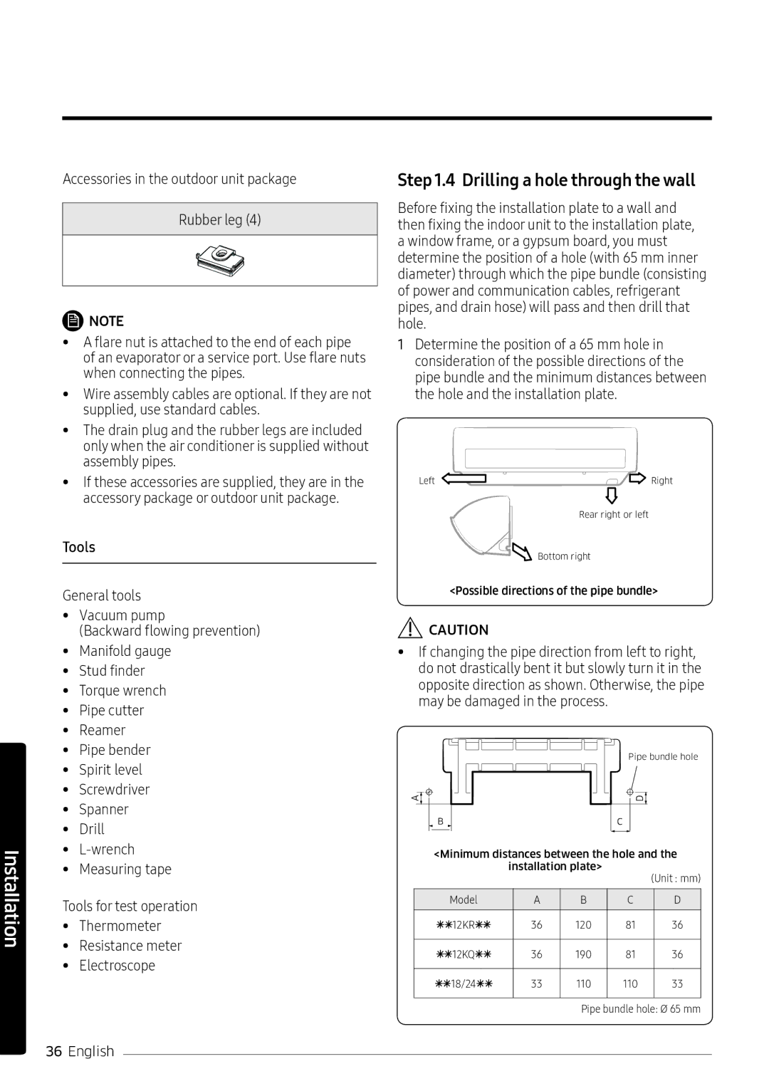 Samsung AR12KRFNEWKNMG, AR24KQFNRWKNMG, AR24MQFNRWKNMG, AR24MRFNEWKXMG manual Drilling a hole through the wall, Tools 