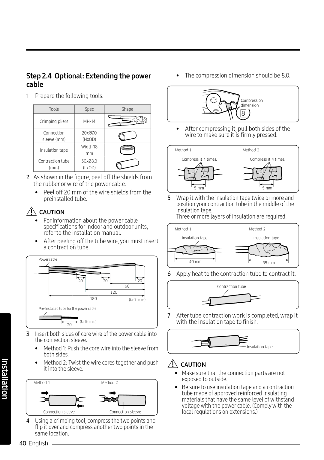 Samsung AR24MQFNRWKNMG Optional Extending the power cable, Prepare the following tools, Compression dimension should be 