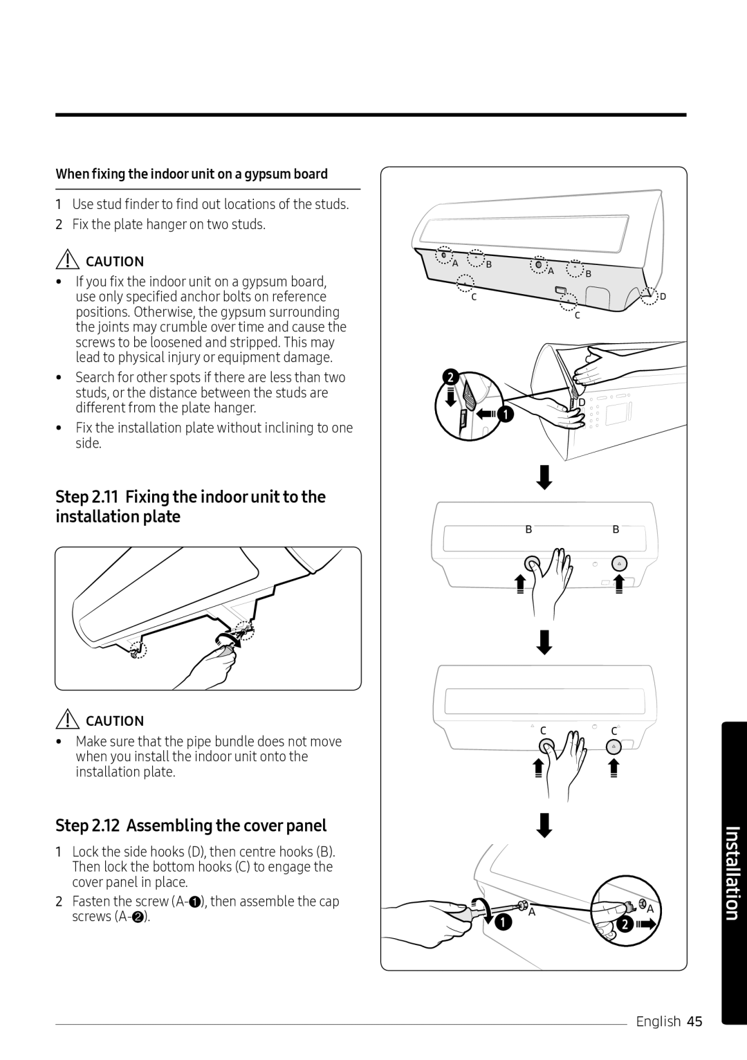 Samsung AR24KQFNRWKXMG, AR24KQFNRWKNMG manual Fixing the indoor unit to the installation plate, Assembling the cover panel 