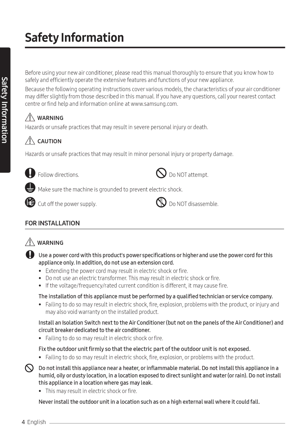 Samsung AR24MRFNEWK/MG, AR24KQFNRWKNMG manual Safety Information, Failing to do so may result in electric shock or fire 