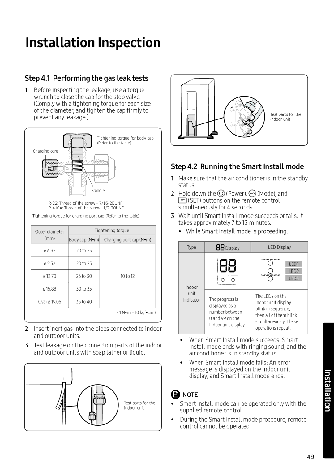 Samsung AR18MQFNEWKXMG, AR24KQFNRWKNMG, AR24MQFNRWKNMG manual Performing the gas leak tests, Running the Smart Install mode 