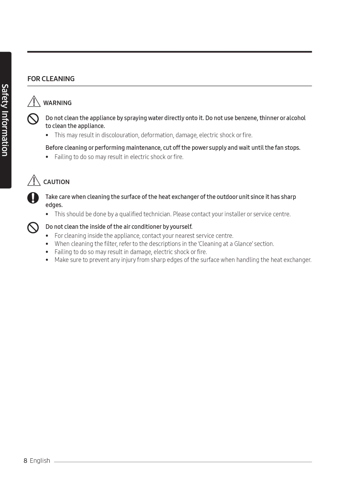 Samsung AR18KRFNEWKXMG, AR24KQFNRWKNMG manual For Cleaning, Do not clean the inside of the air conditioner by yourself 